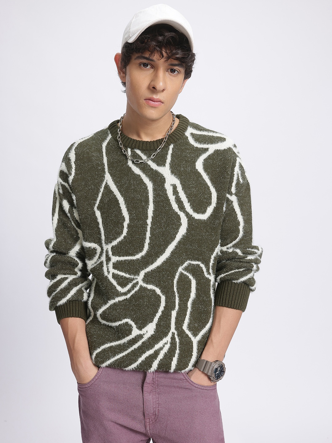 

glitchez Warmth Wave Fuzzy Self-Design Pullover, Olive