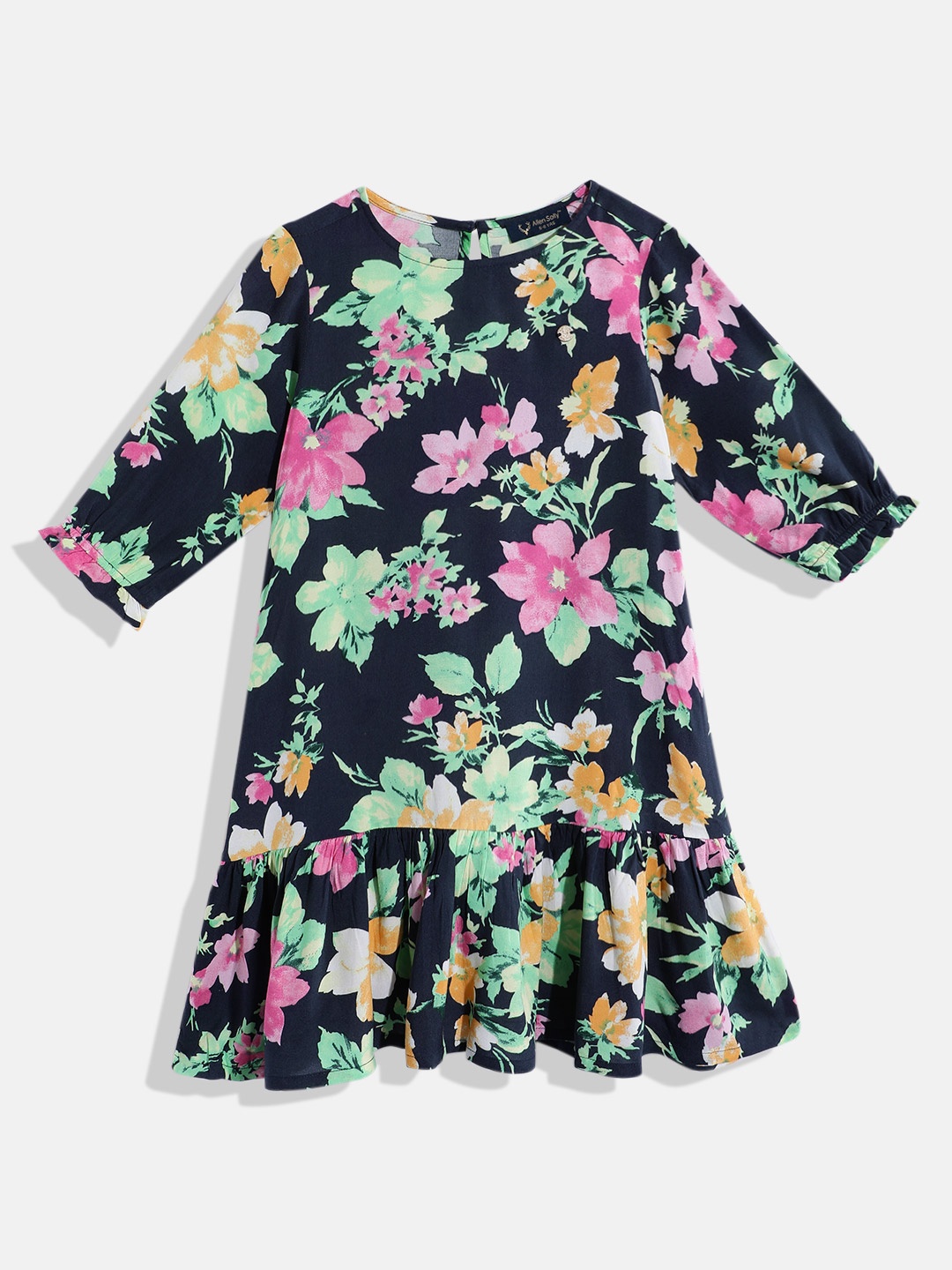 

Allen Solly Junior Girls Floral Print Puff Sleeve Ruffled Drop-Waist Dress, Navy blue