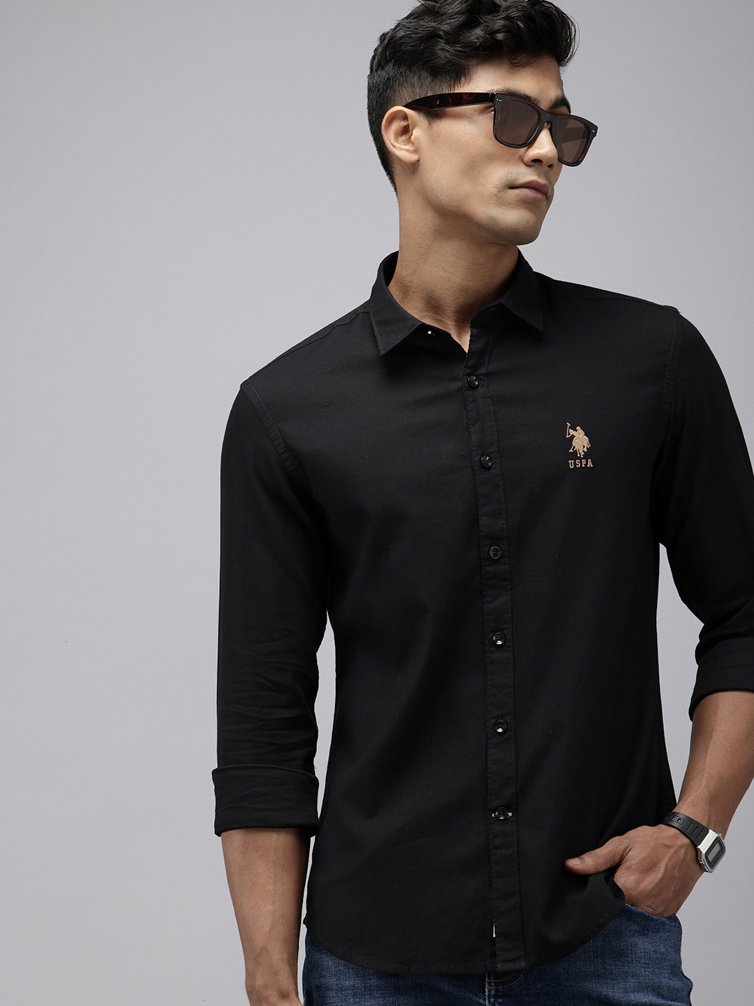 

U.S. Polo Assn. Denim Co. Pure Cotton Self Design Opaque Casual Shirt, Black