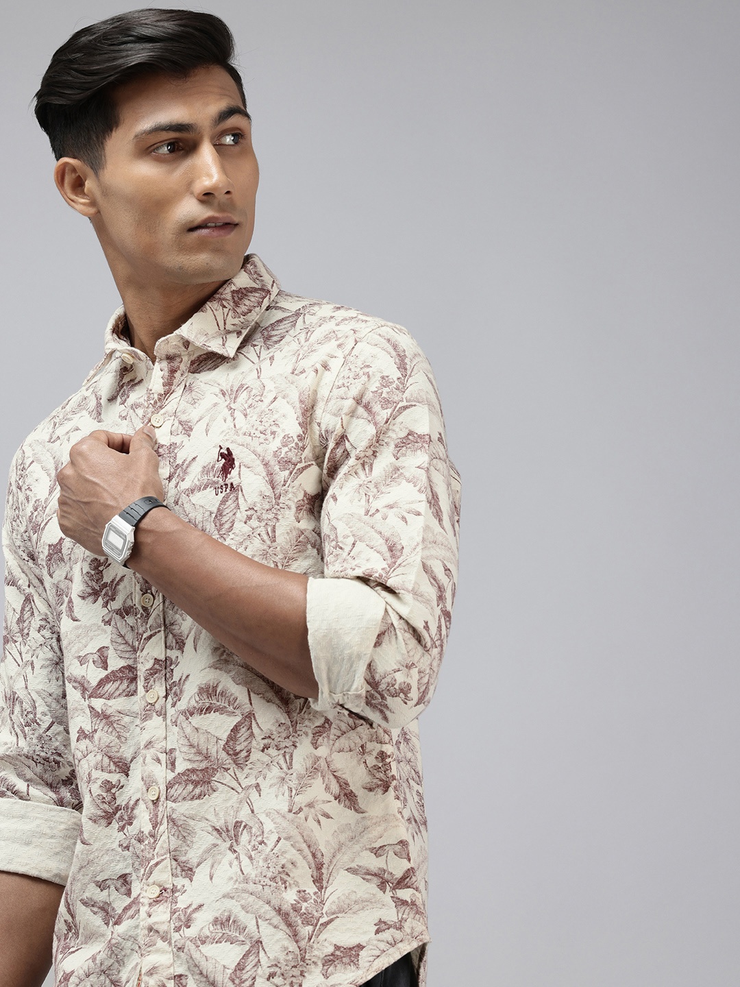 

U.S. Polo Assn. Denim Co. Tropical Printed Pure Cotton Casual Shirt, Cream