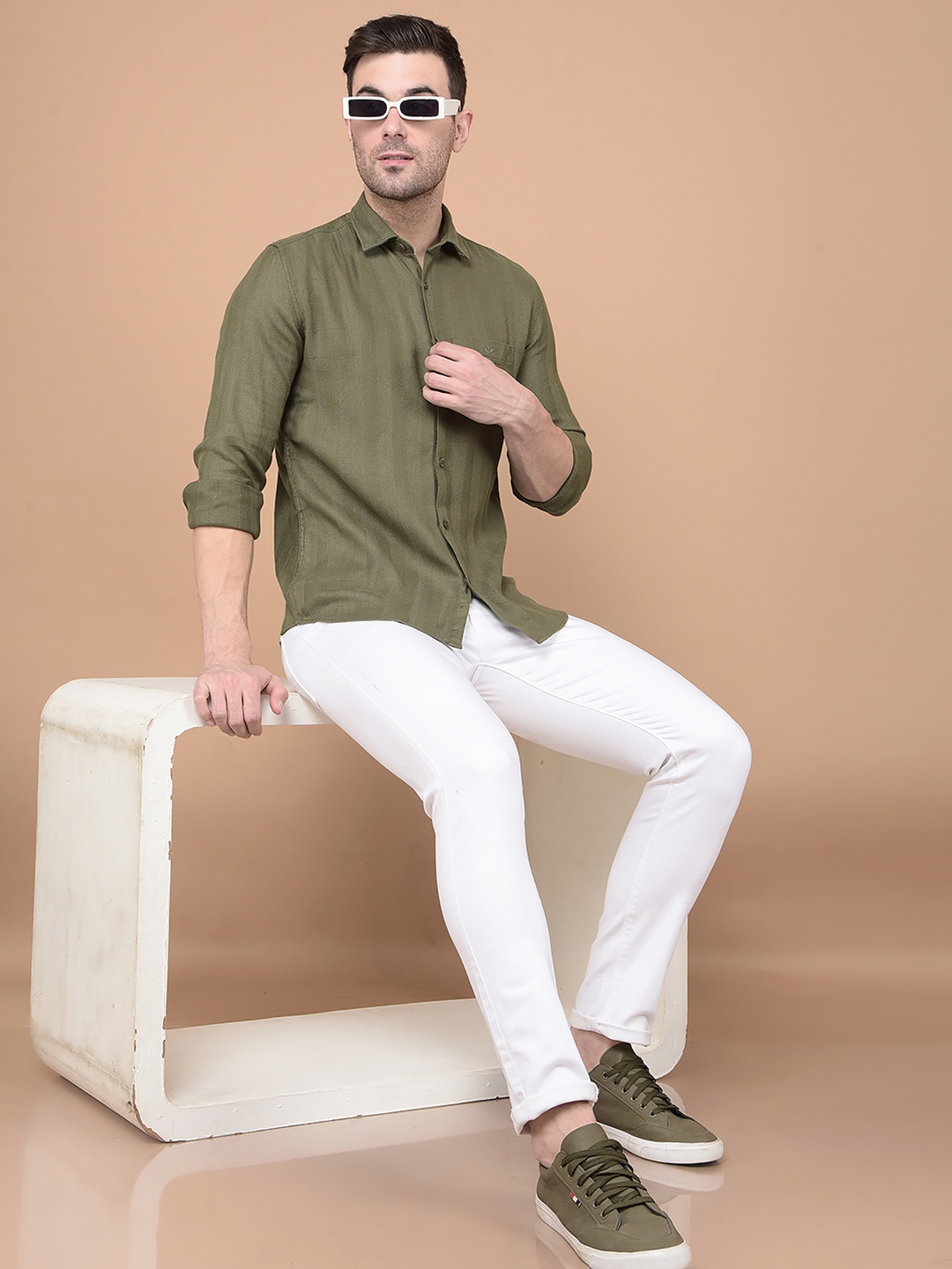 

Crimsoune Club Men Spread Collar Solid Cotton Slim Fit Casual Shirt, Olive