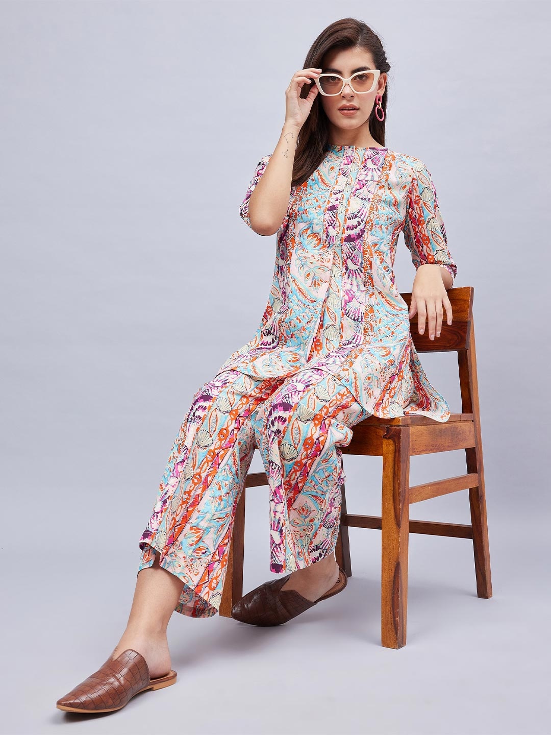 

WineRed Floral Printed Round Neck Pure Cotton Top With Trouser, Orange