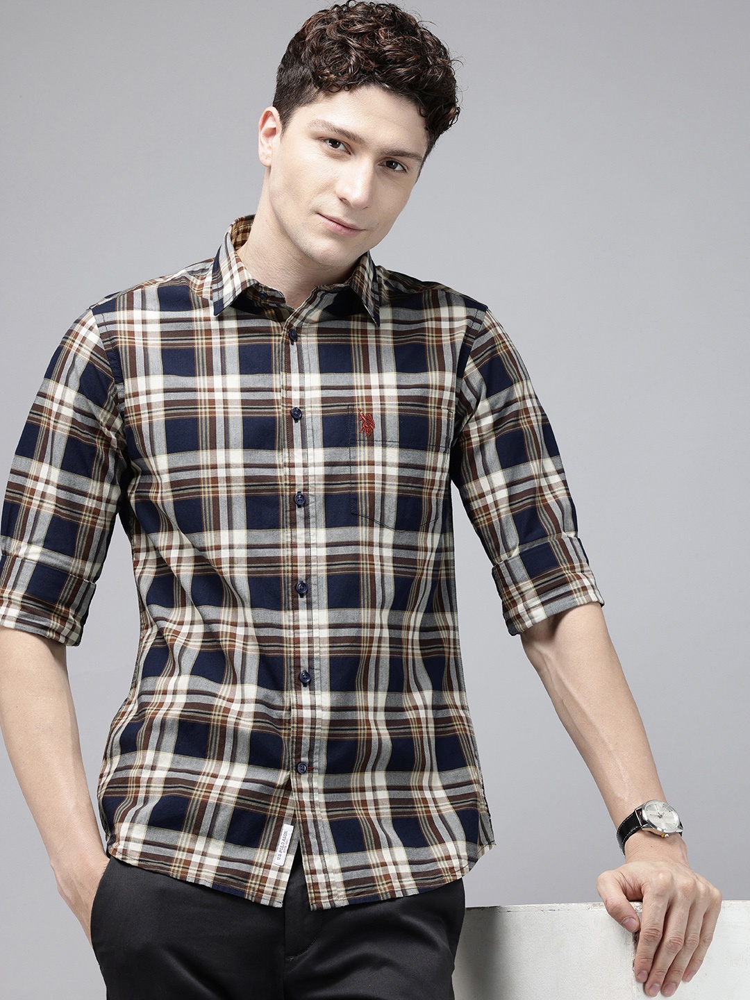 

U.S. Polo Assn. Tailored Fit Opaque Checked Pure Cotton Casual Shirt, Navy blue
