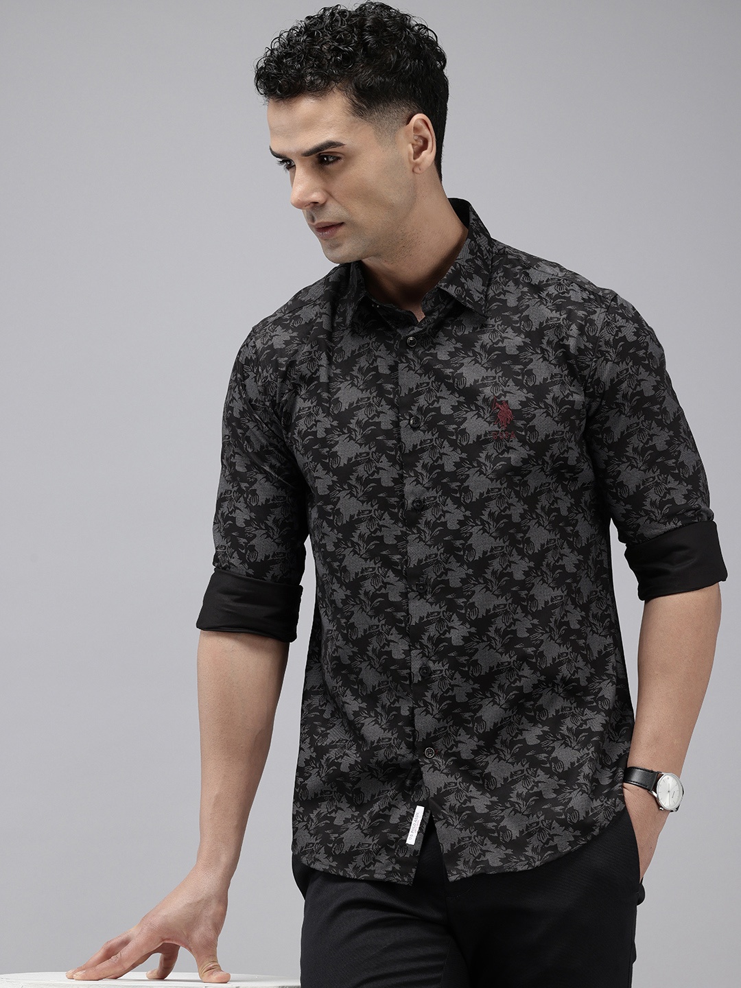 

U.S. Polo Assn. Tailored Fit Tropical Printed Pure Cotton Casual Shirt, Black