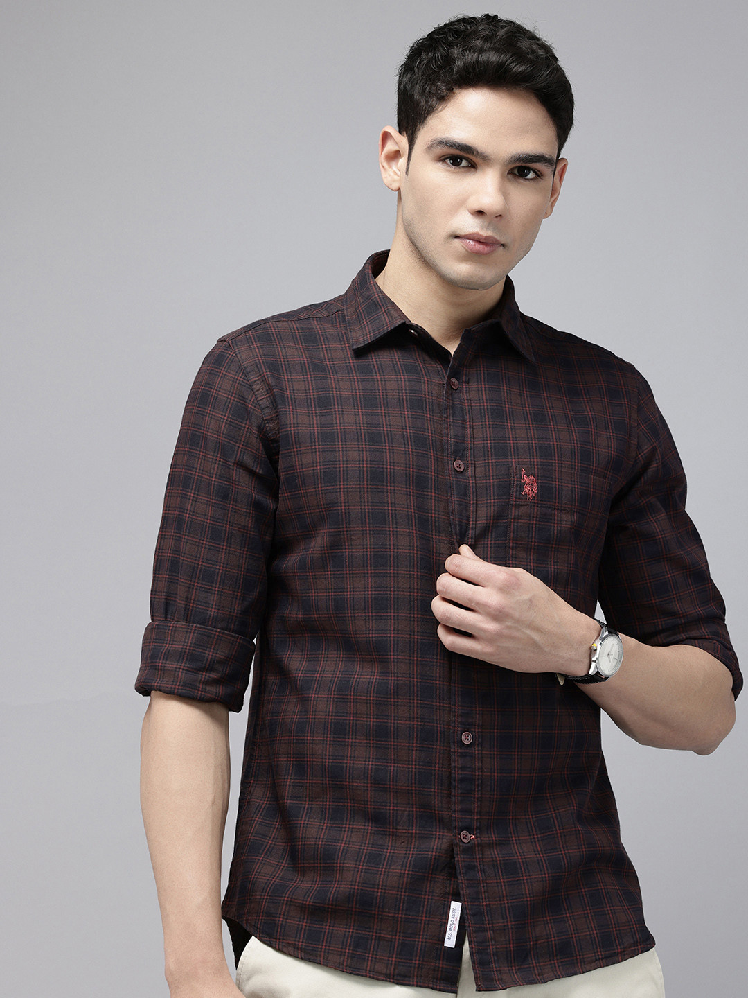

U.S. Polo Assn. Tailored Fit Checked Pure Cotton Casual Shirt, Navy blue