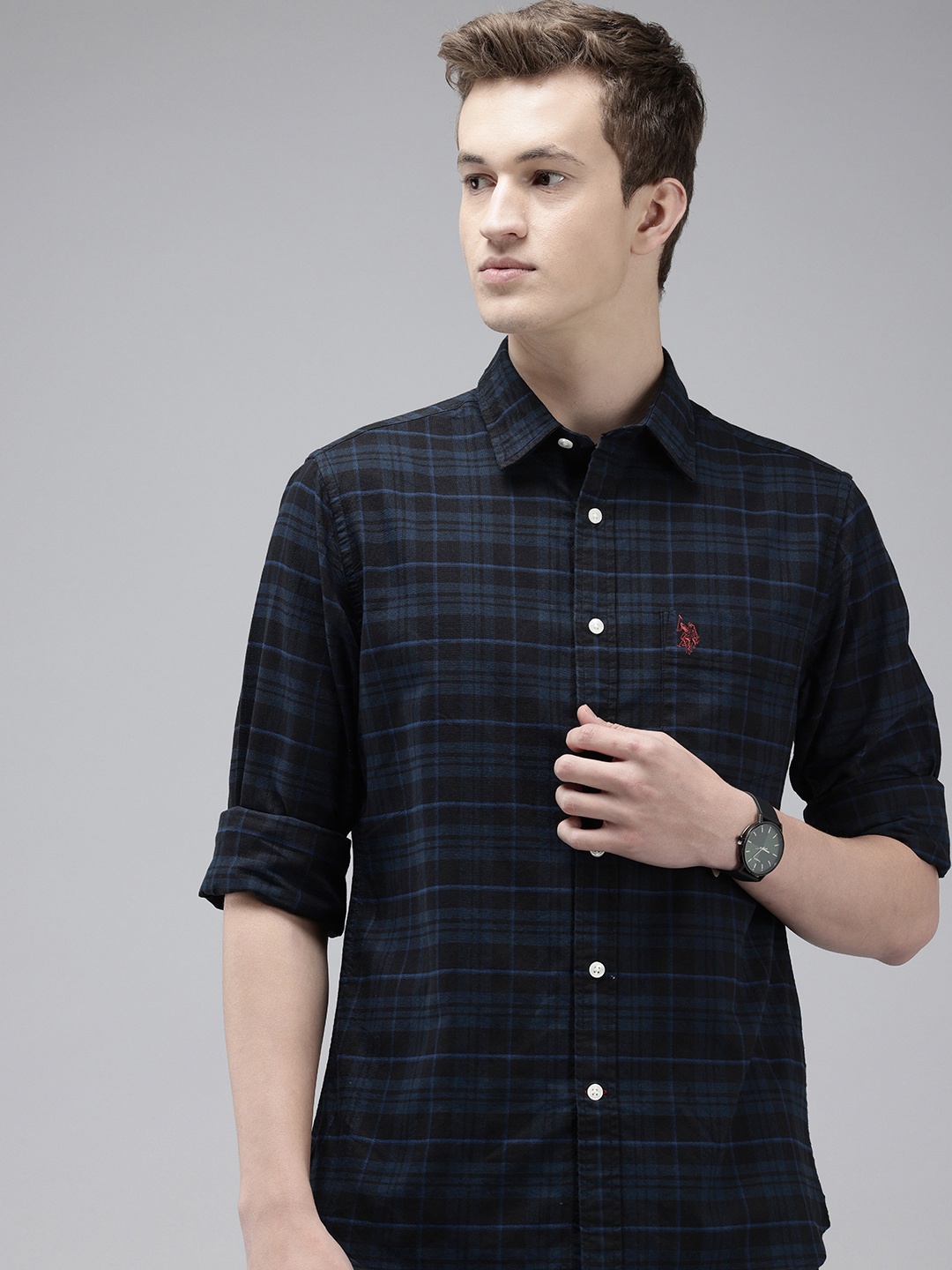 

U.S. Polo Assn. Tailored Fit Checked Pure Cotton Casual Shirt, Blue