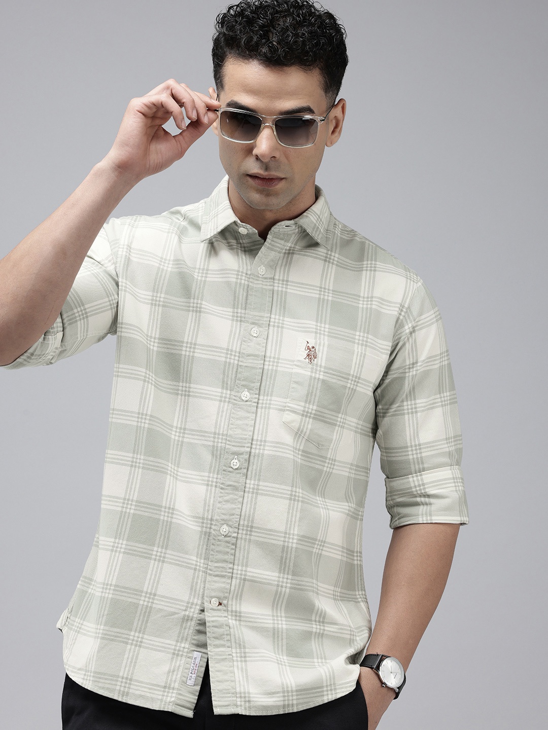 

U.S. Polo Assn. Tailored Fit Checked Pure Cotton Casual Shirt, Green