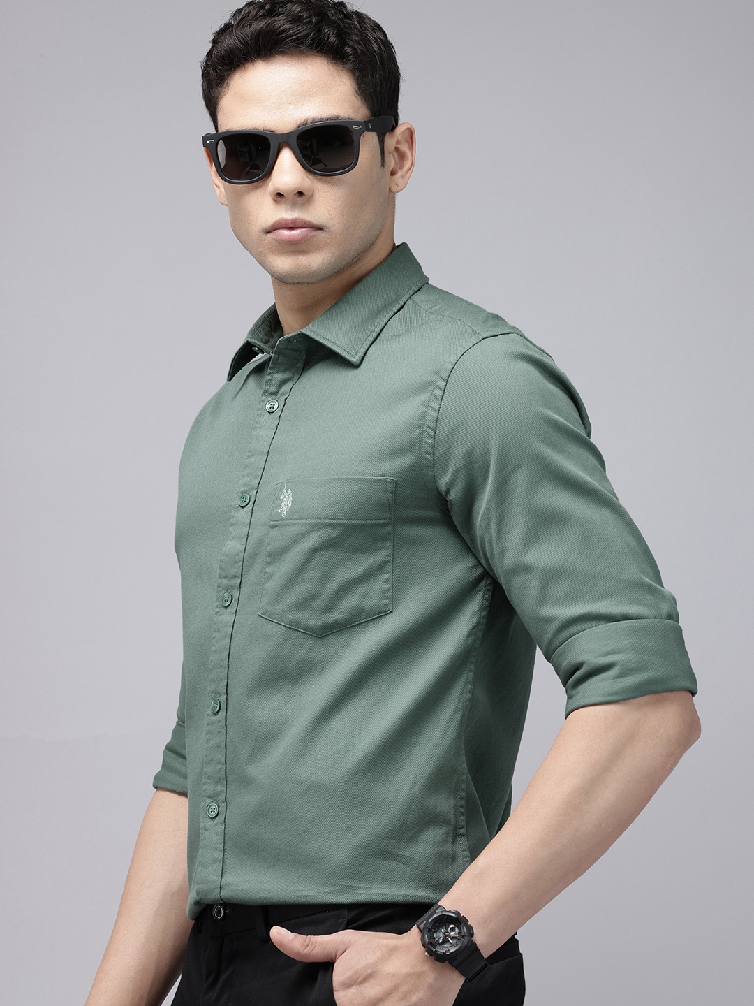 

U.S. Polo Assn. Pure Cotton Self Design Textured Tailored Fit Opaque Casual Shirt, Green