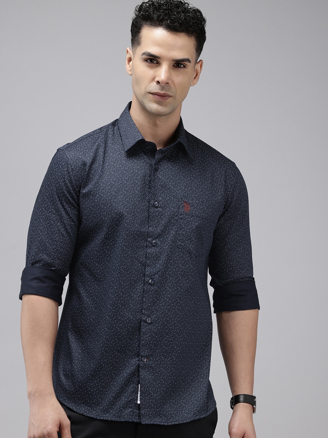 

U.S. Polo Assn. Tailored Fit Floral Printed Pure Cotton Casual Shirt, Navy blue