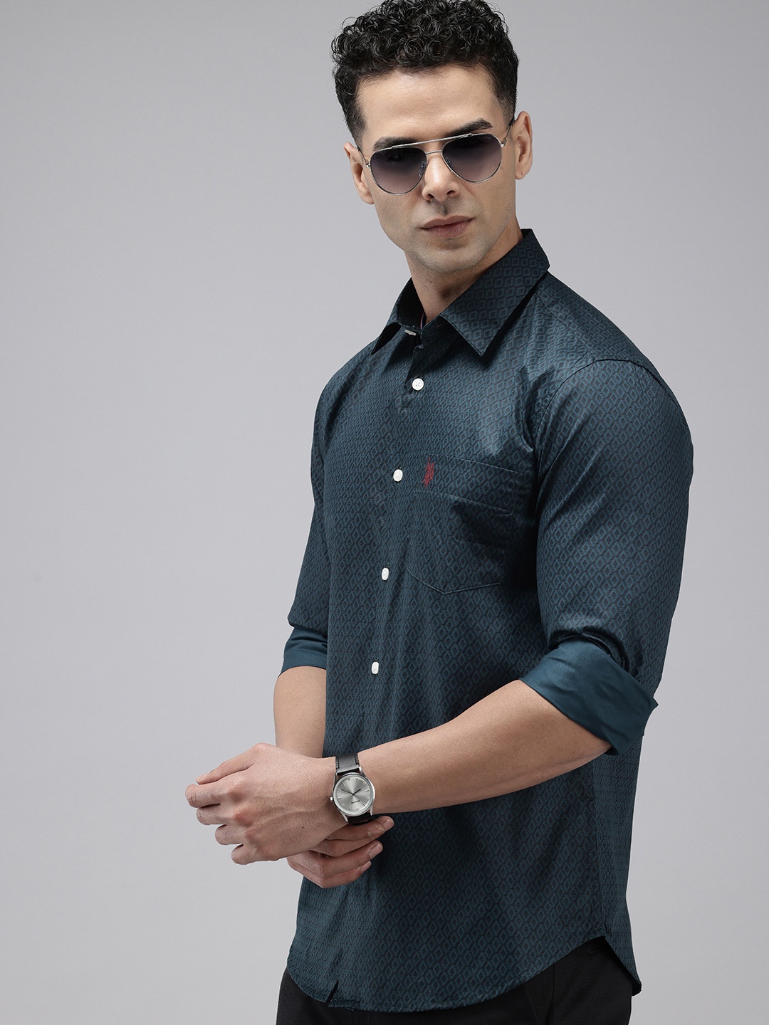 

U.S. Polo Assn. Tailored Fit Geometric Printed Pure Cotton Casual Shirt, Teal