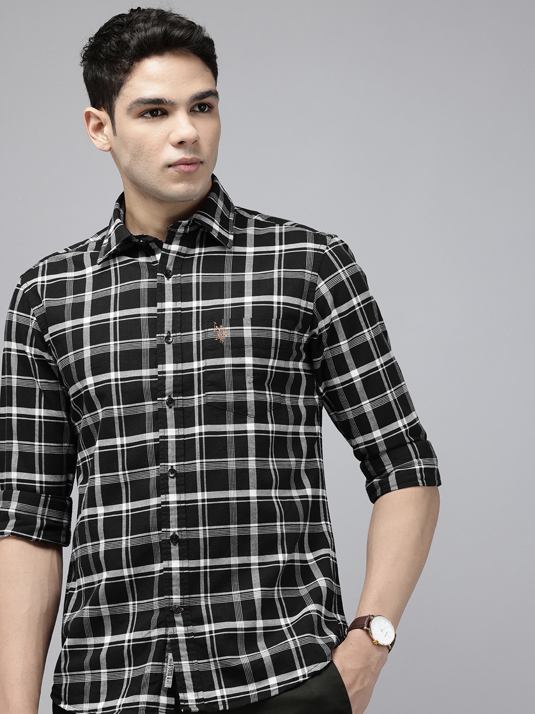 

U.S. Polo Assn. Tailored Fit Checked Pure Cotton Casual Shirt, Black