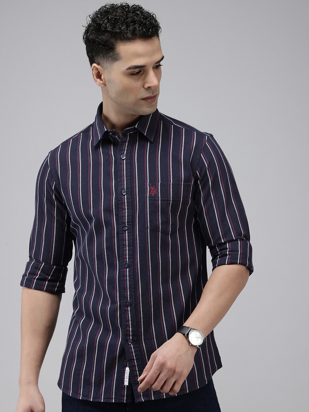 

U.S. Polo Assn. Pure Cotton Tailored Fit Striped Casual Shirt, Navy blue