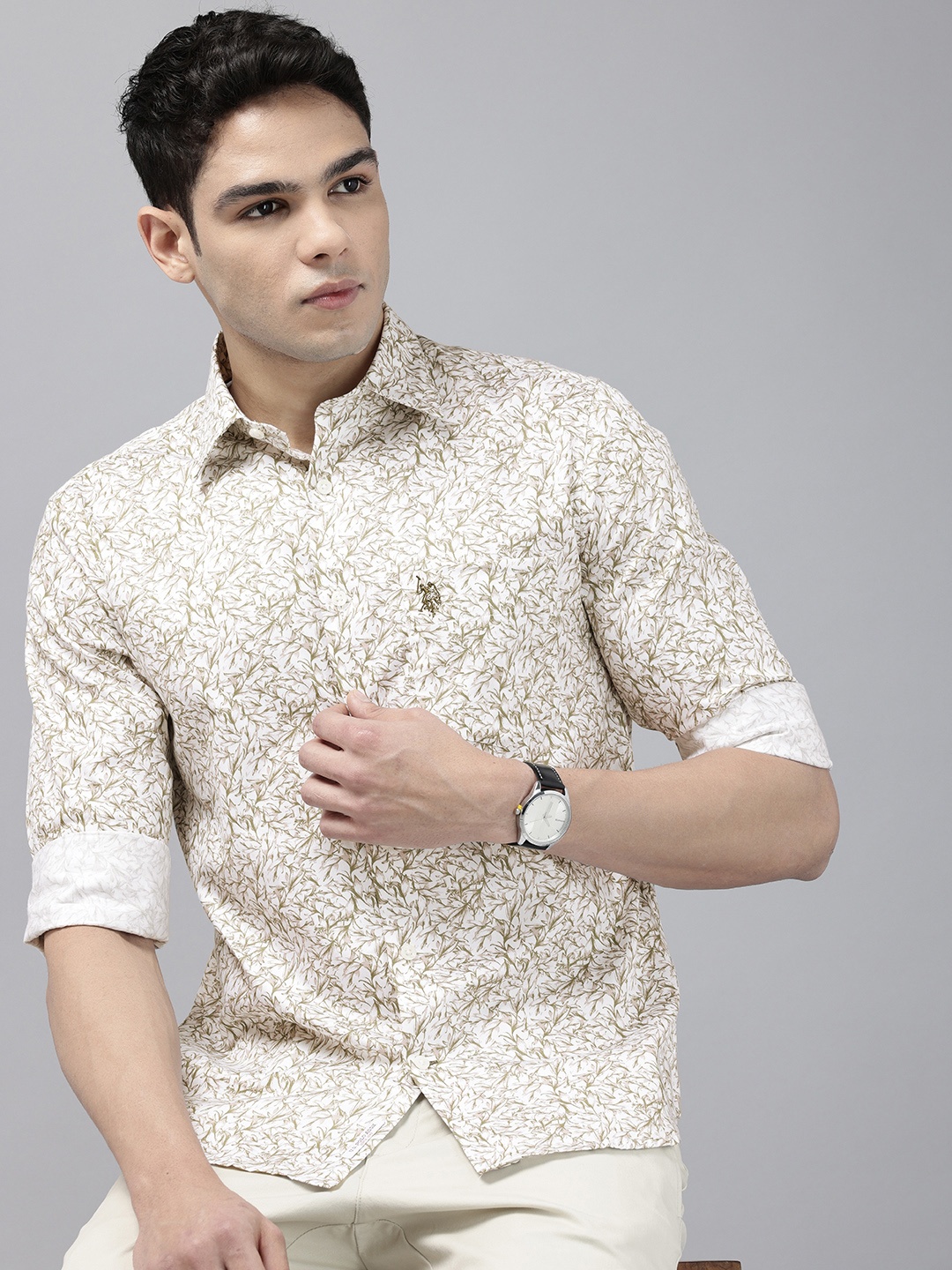

U.S. Polo Assn. Pure Cotton Tailored Fit Floral Printed Casual Shirt, Beige