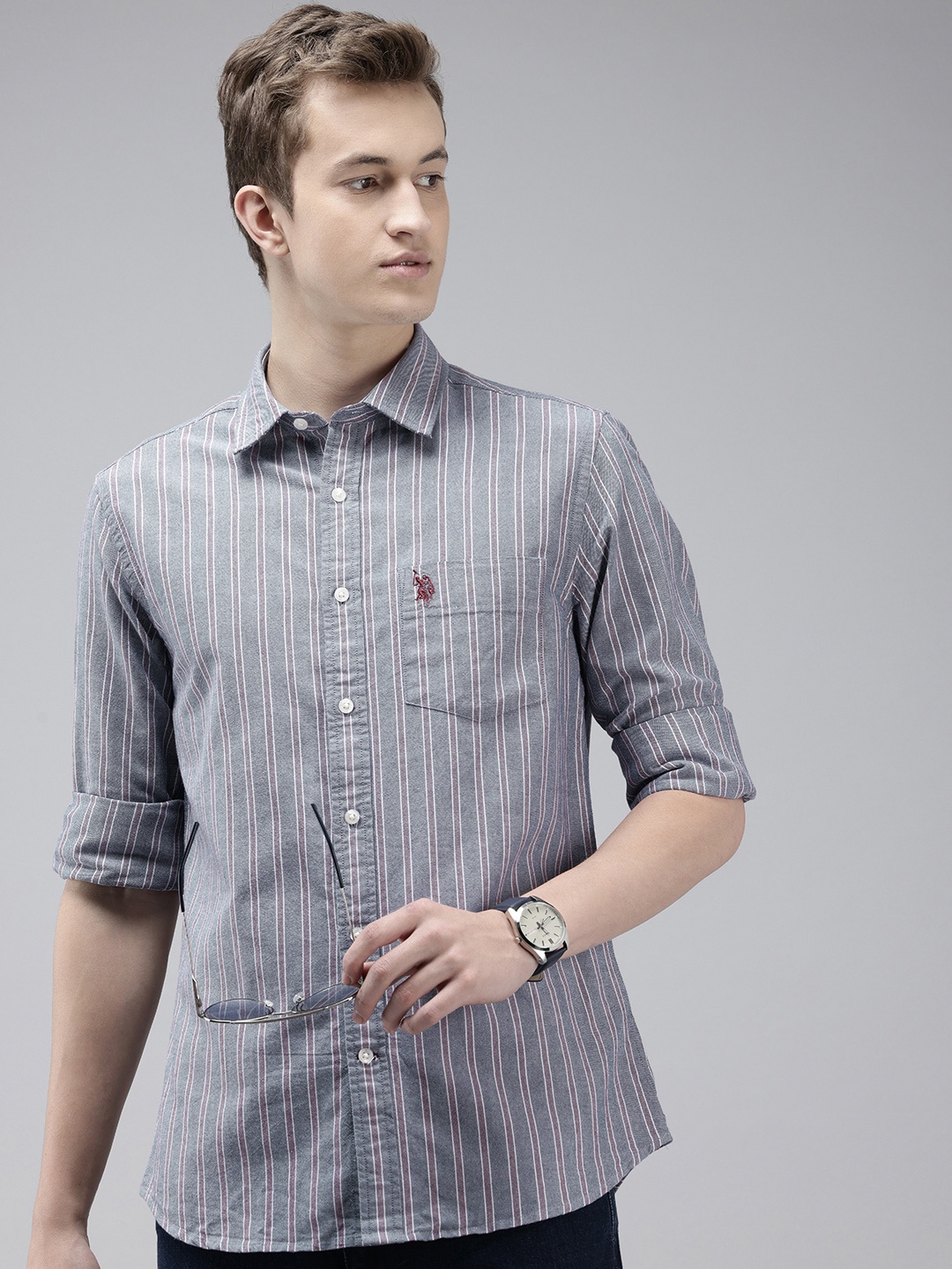 

U.S. Polo Assn. Pure Cotton Tailored Fit Opaque Striped Casual Shirt, Grey
