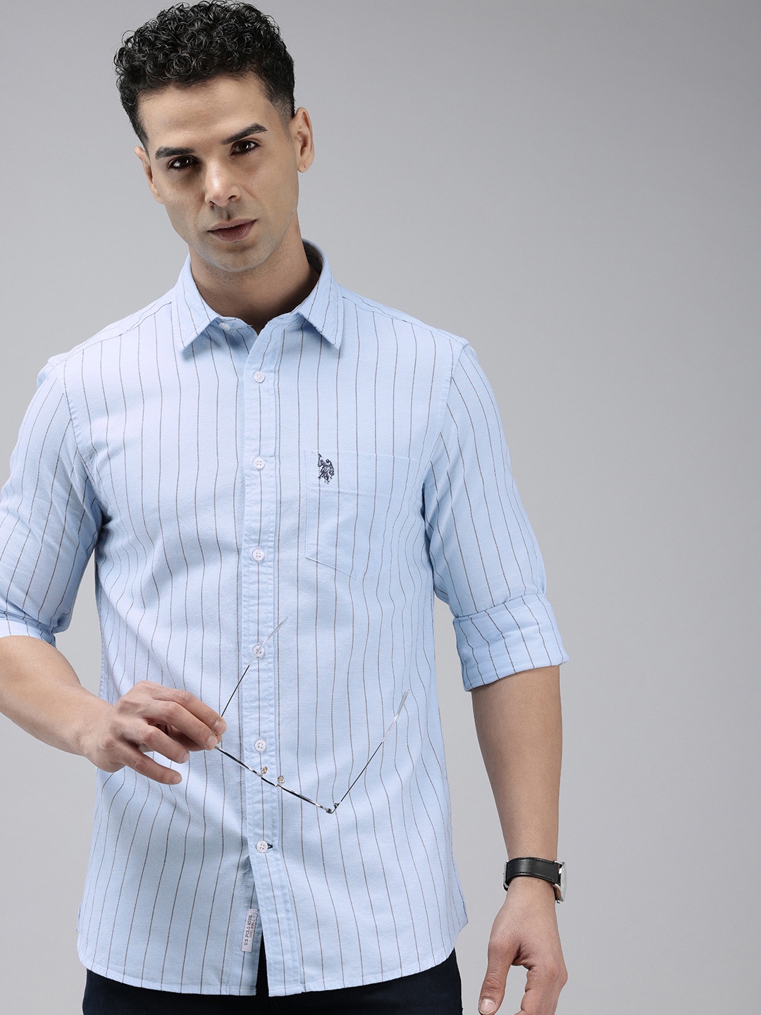 

U.S. Polo Assn. Tailored Fit Opaque Striped Pure Cotton Casual Shirt, Blue