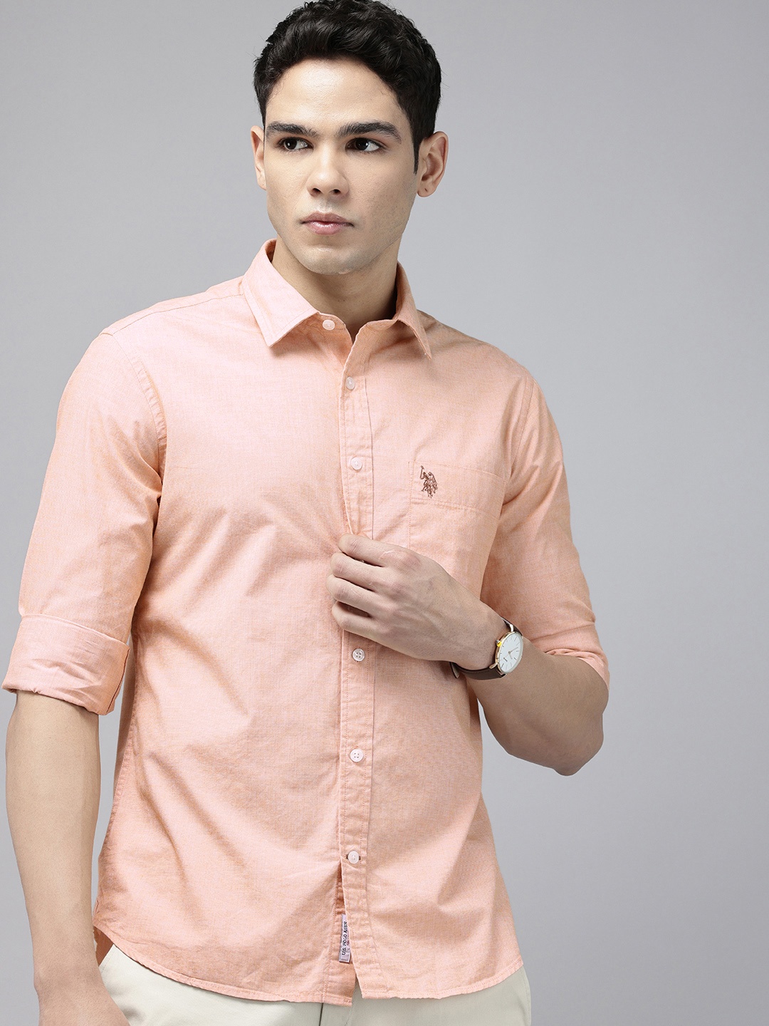 

U.S. Polo Assn. Tailored Fit Opaque Pure Cotton Casual Shirt, Orange