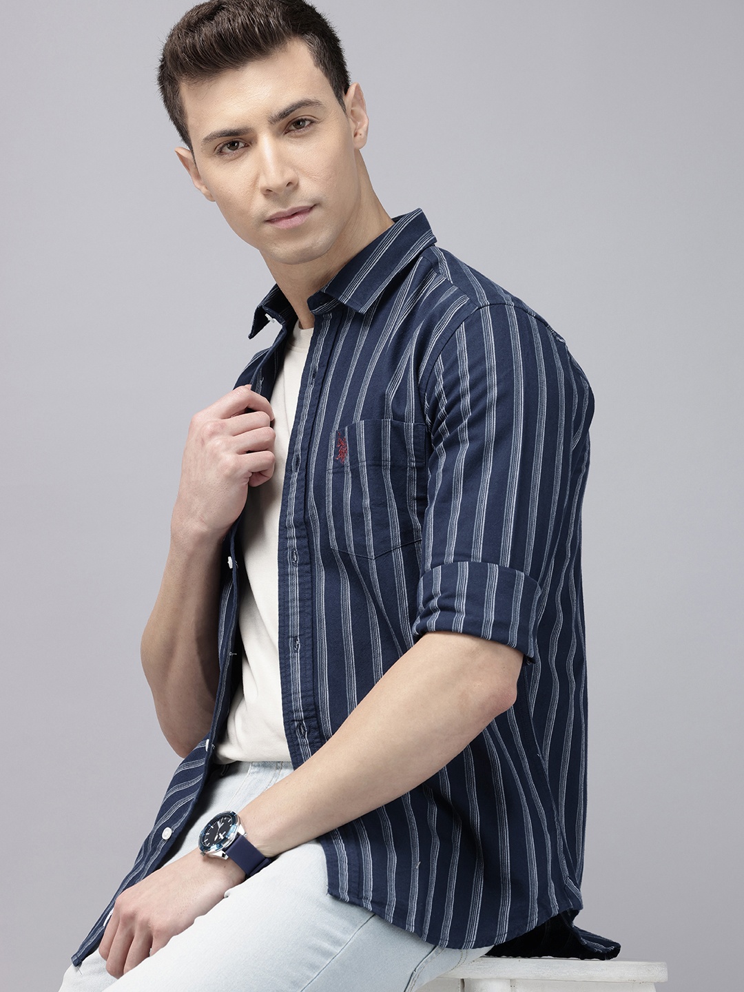 

U.S. Polo Assn. Tailored Fit Vertical Stripes Pure Cotton Casual Shirt, Navy blue