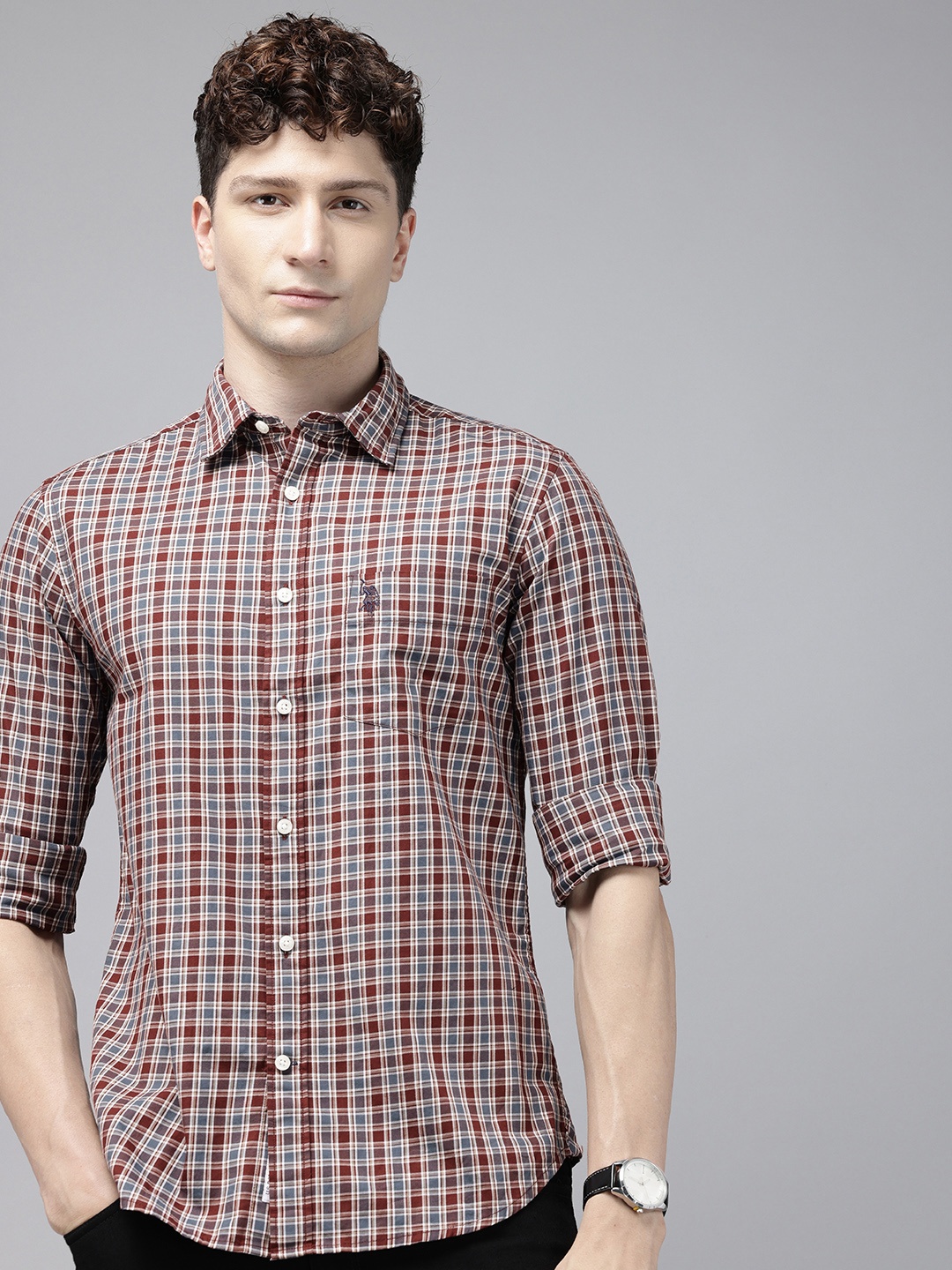 

U.S. Polo Assn. Tailored Fit Checked Pure Cotton Casual Shirt, Maroon