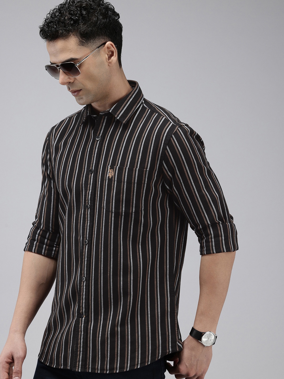 

U.S. Polo Assn. Tailored Fit Opaque Striped Pure Cotton Casual Shirt, Black