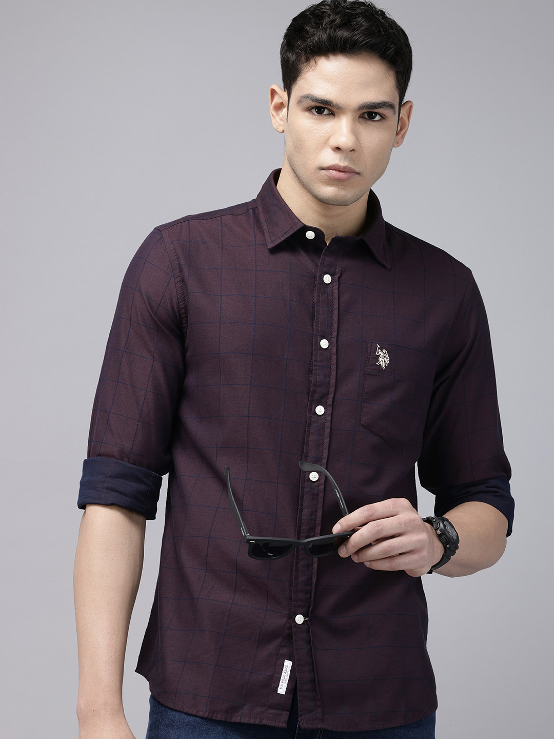 

U.S. Polo Assn. Tailored Fit Windowpane Checks Opaque Pure Cotton Casual Shirt, Burgundy