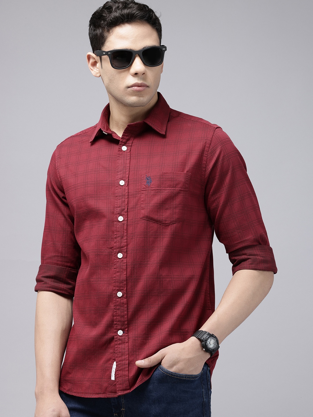 

U.S. Polo Assn. Tailored Fit Opaque Checked Pure Cotton Casual Shirt, Red
