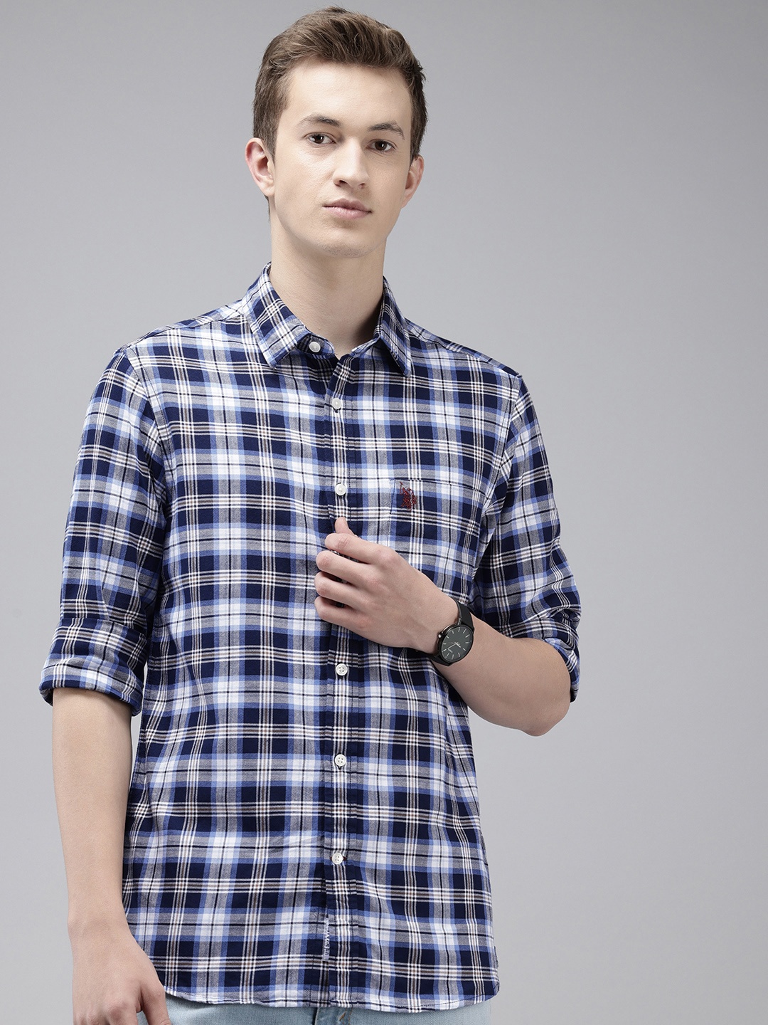 

U.S. Polo Assn. Tailored Fit Opaque Checked Pure Cotton Casual Shirt, Navy blue