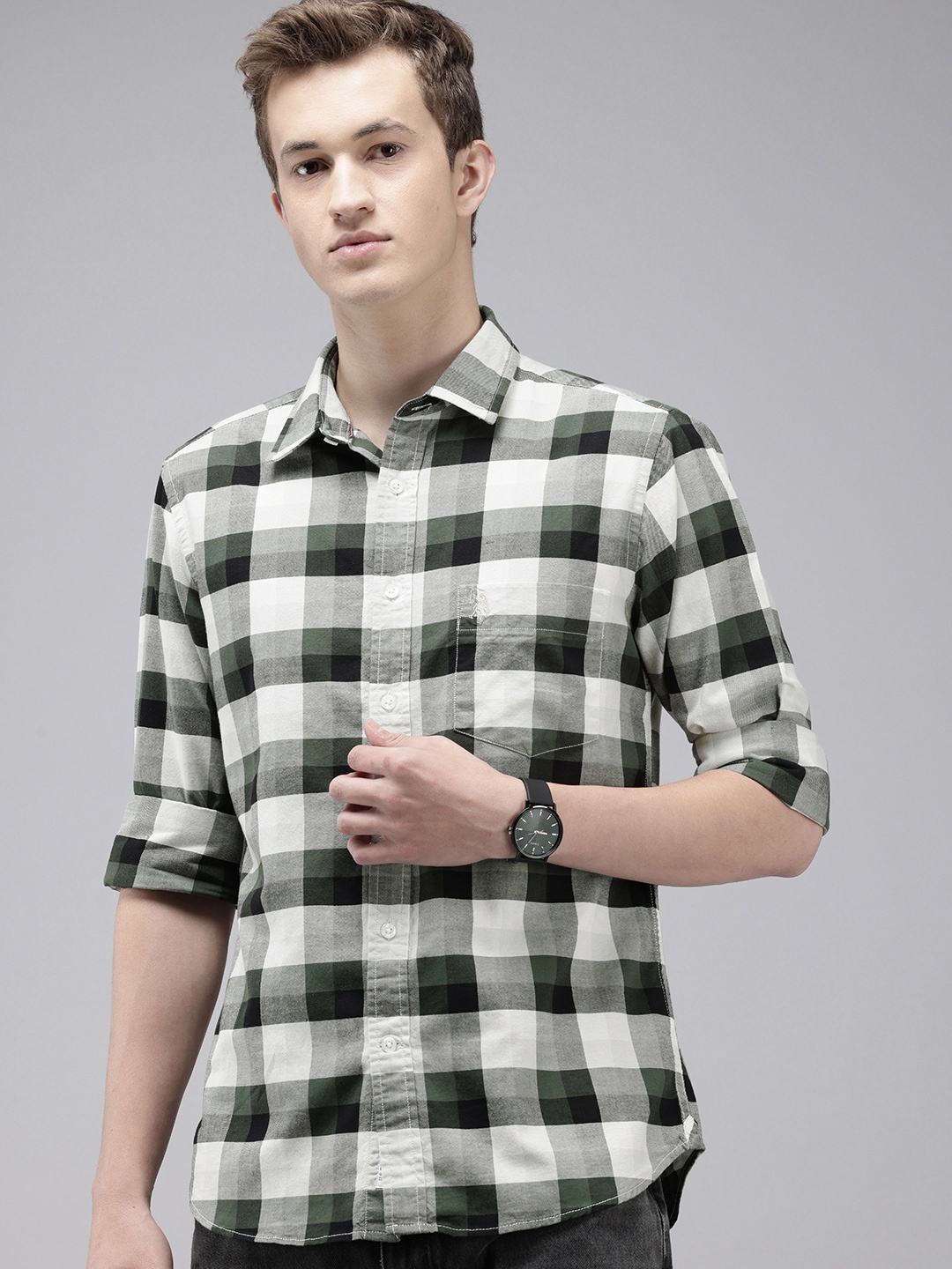 

U.S. Polo Assn. Pure Cotton Tailored Fit Opaque Checked Casual Shirt, Olive