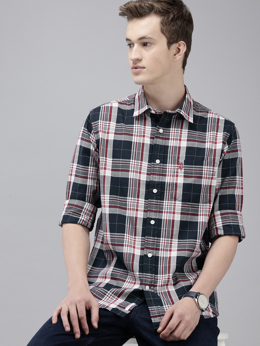 

U.S. Polo Assn. Pure Cotton Tailored Fit Opaque Checked Casual Shirt, Navy blue