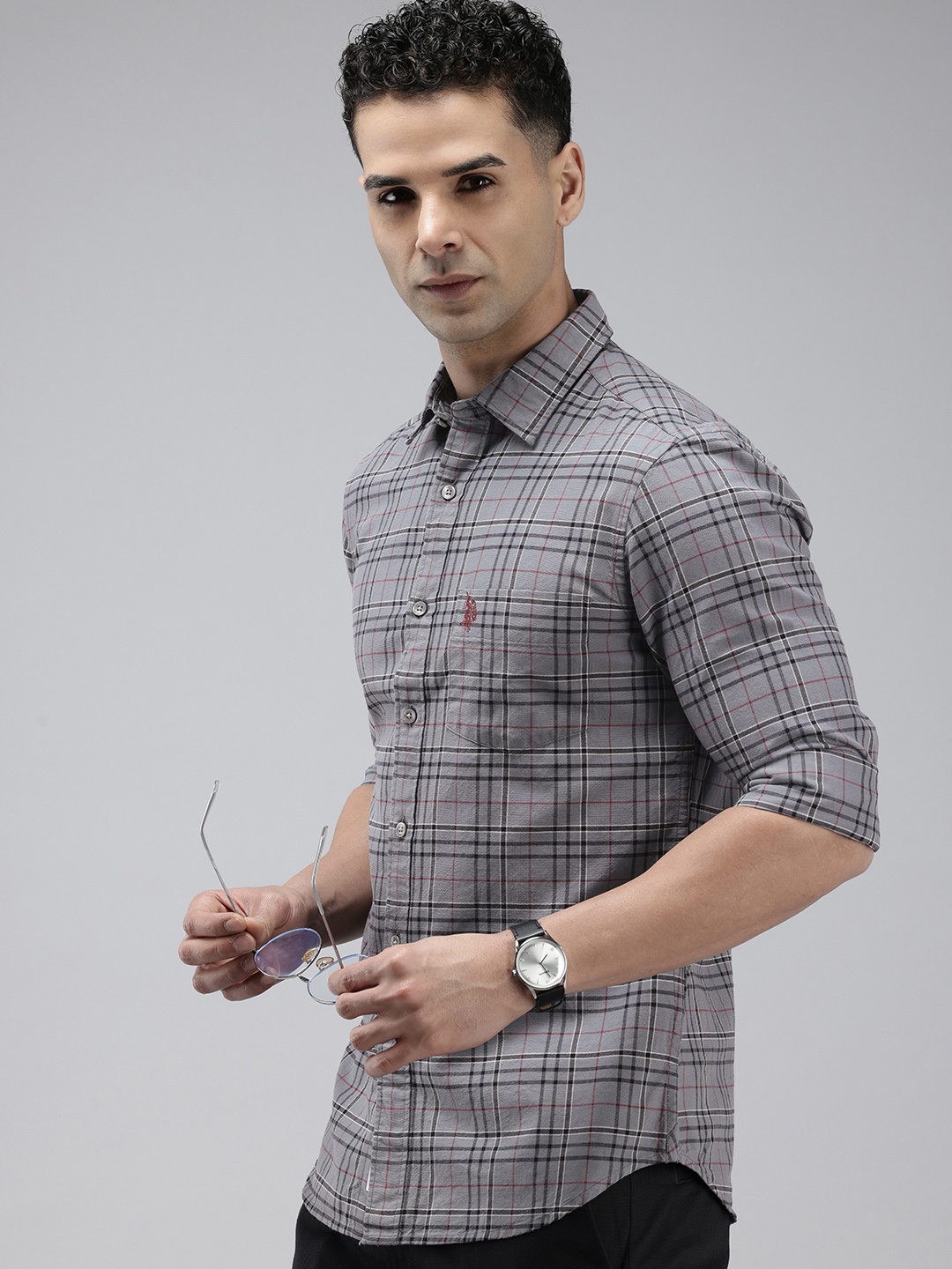 

U.S. Polo Assn. Pure Cotton Tailored Fit Opaque Checked Casual Shirt, Grey