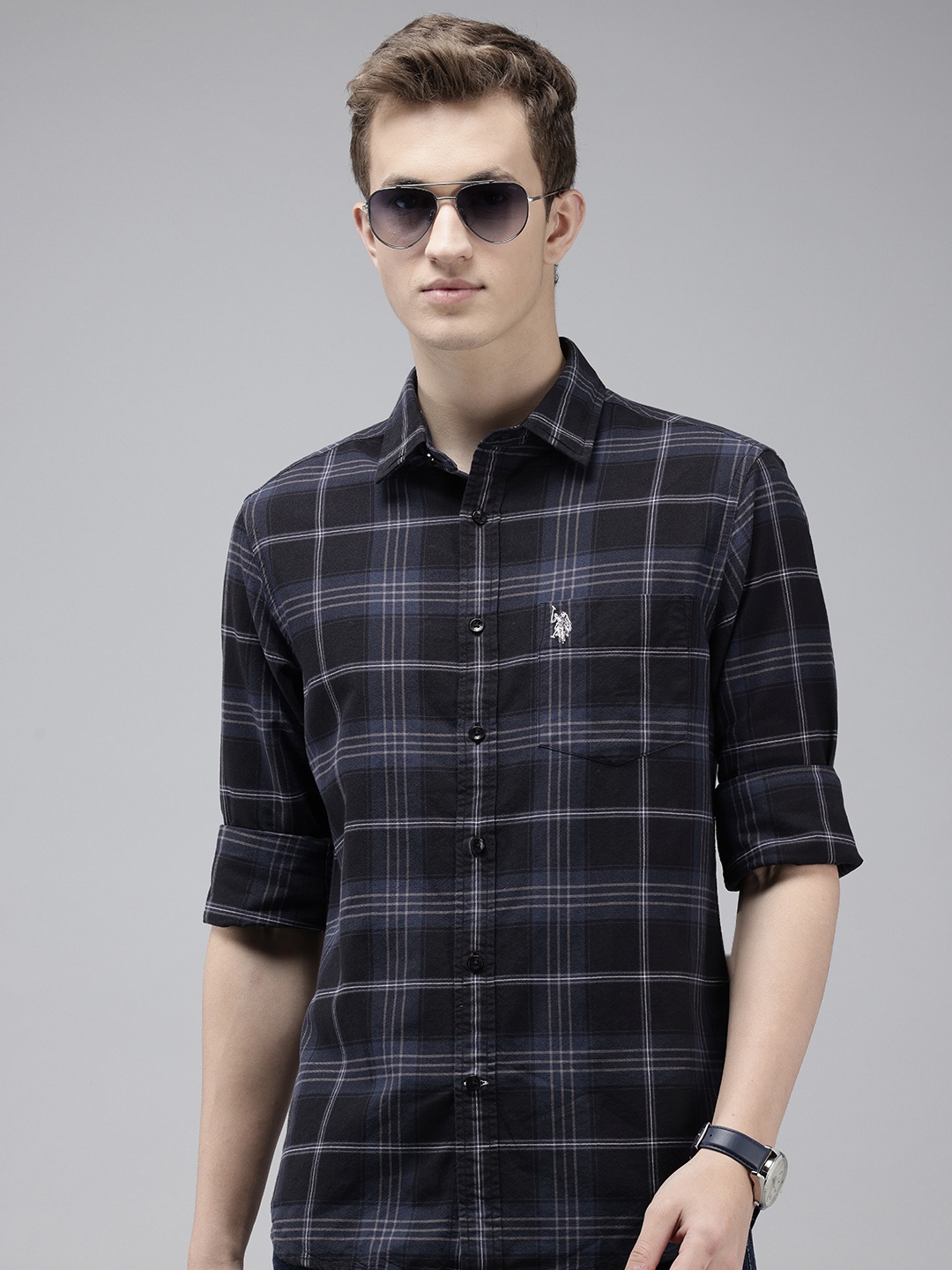 

U.S. Polo Assn. Pure Cotton Tailored Fit Opaque Checked Casual Shirt, Black