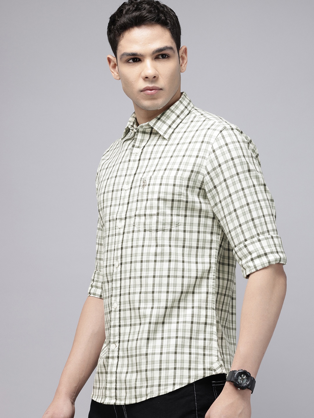 

U.S. Polo Assn. Tailored Fit Checked Pure Cotton Casual Shirt, Olive