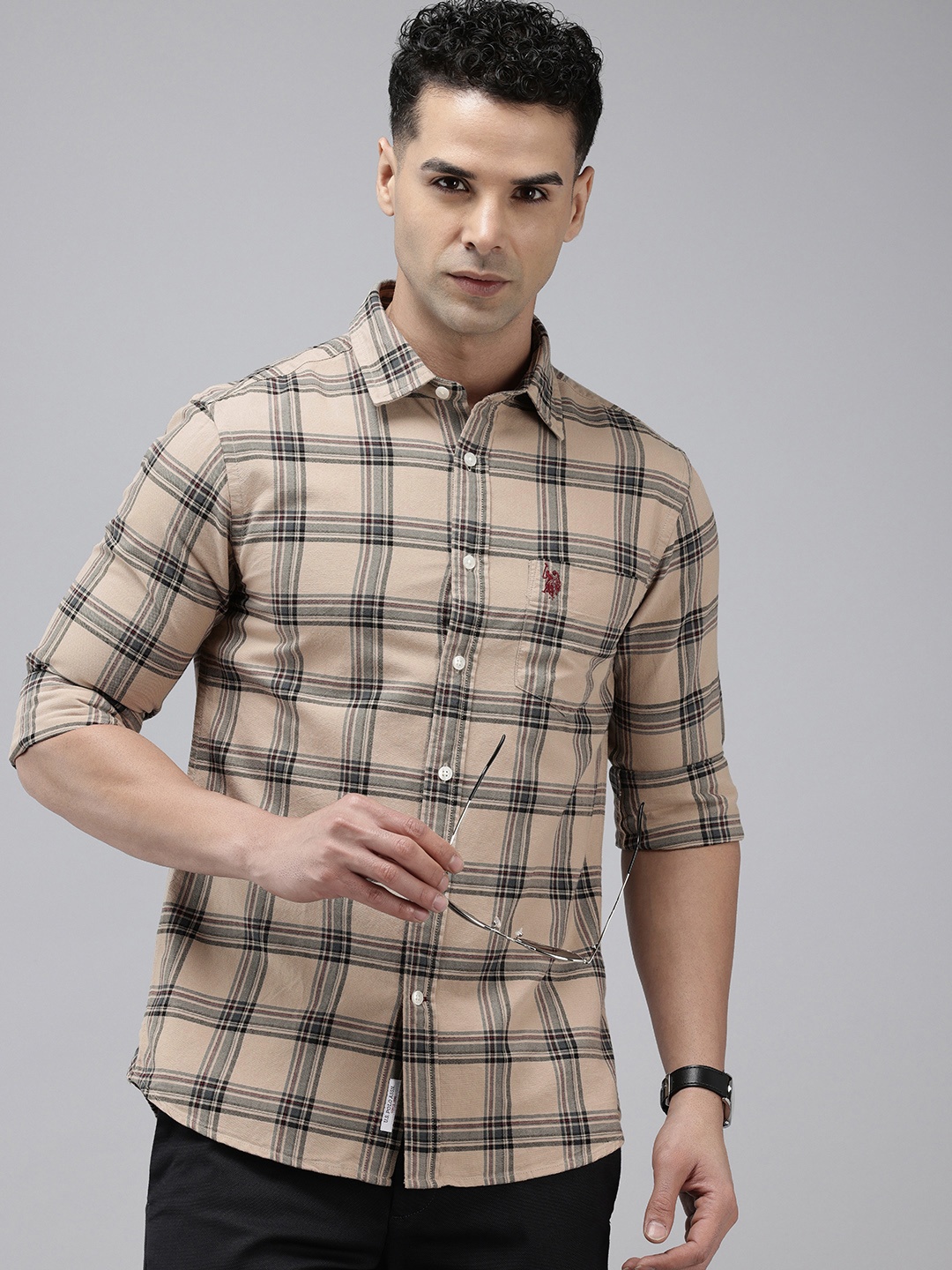 

U.S. Polo Assn. Pure Cotton Tailored Fit Tartan Checks Opaque Casual Shirt, Beige