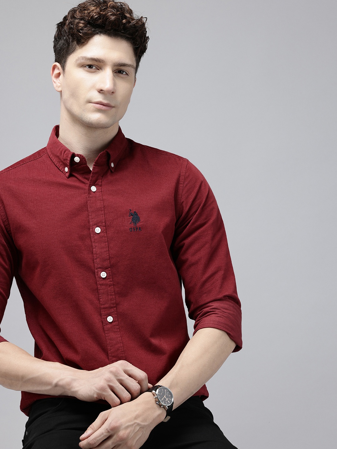 

U.S. Polo Assn. Tailored Fit Button-Down Collar Corduroy Pure Cotton Casual Shirt, Maroon