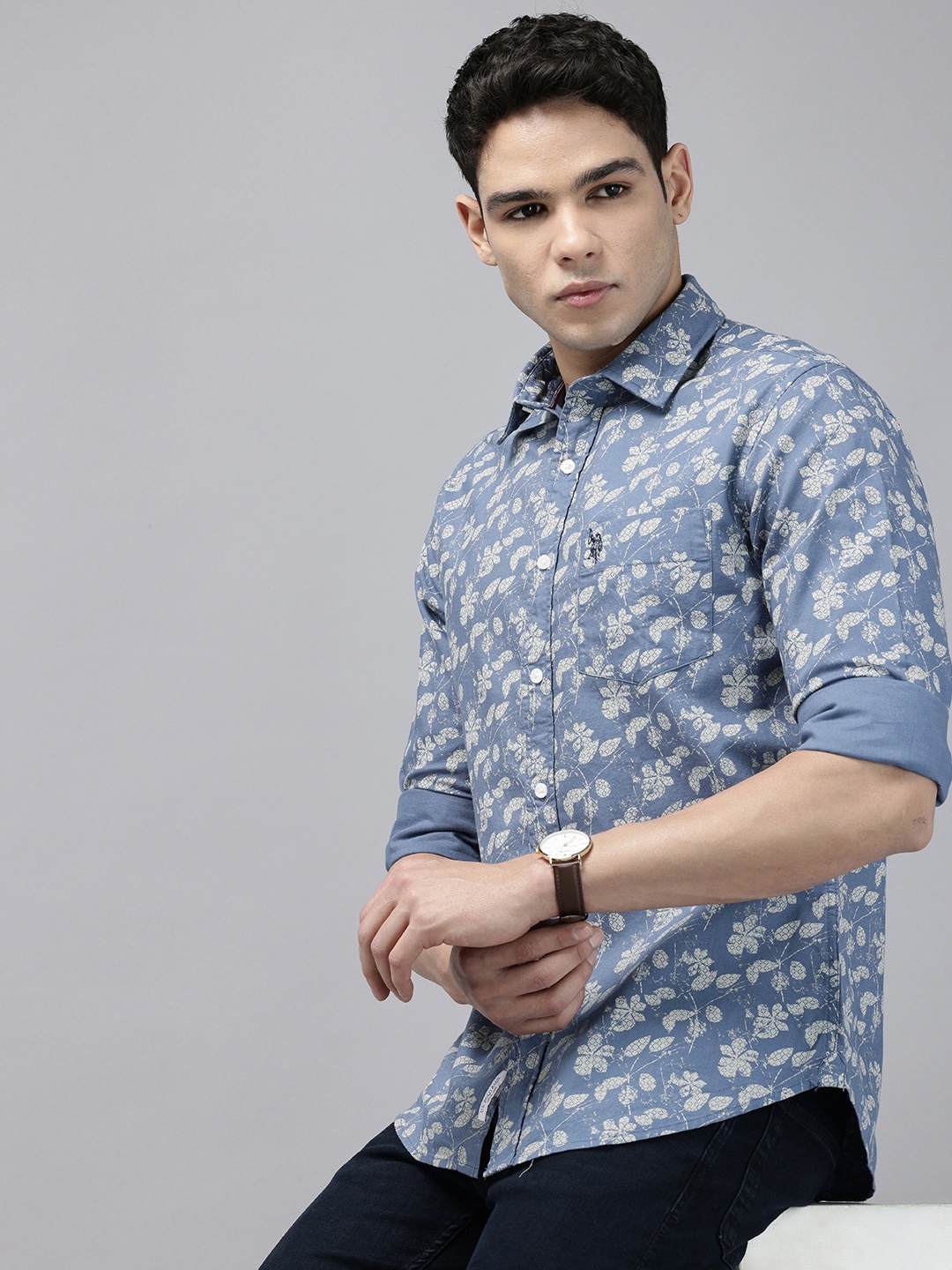 

U.S. Polo Assn. Tailored Fit Floral Printed Pure Cotton Casual Shirt, Blue