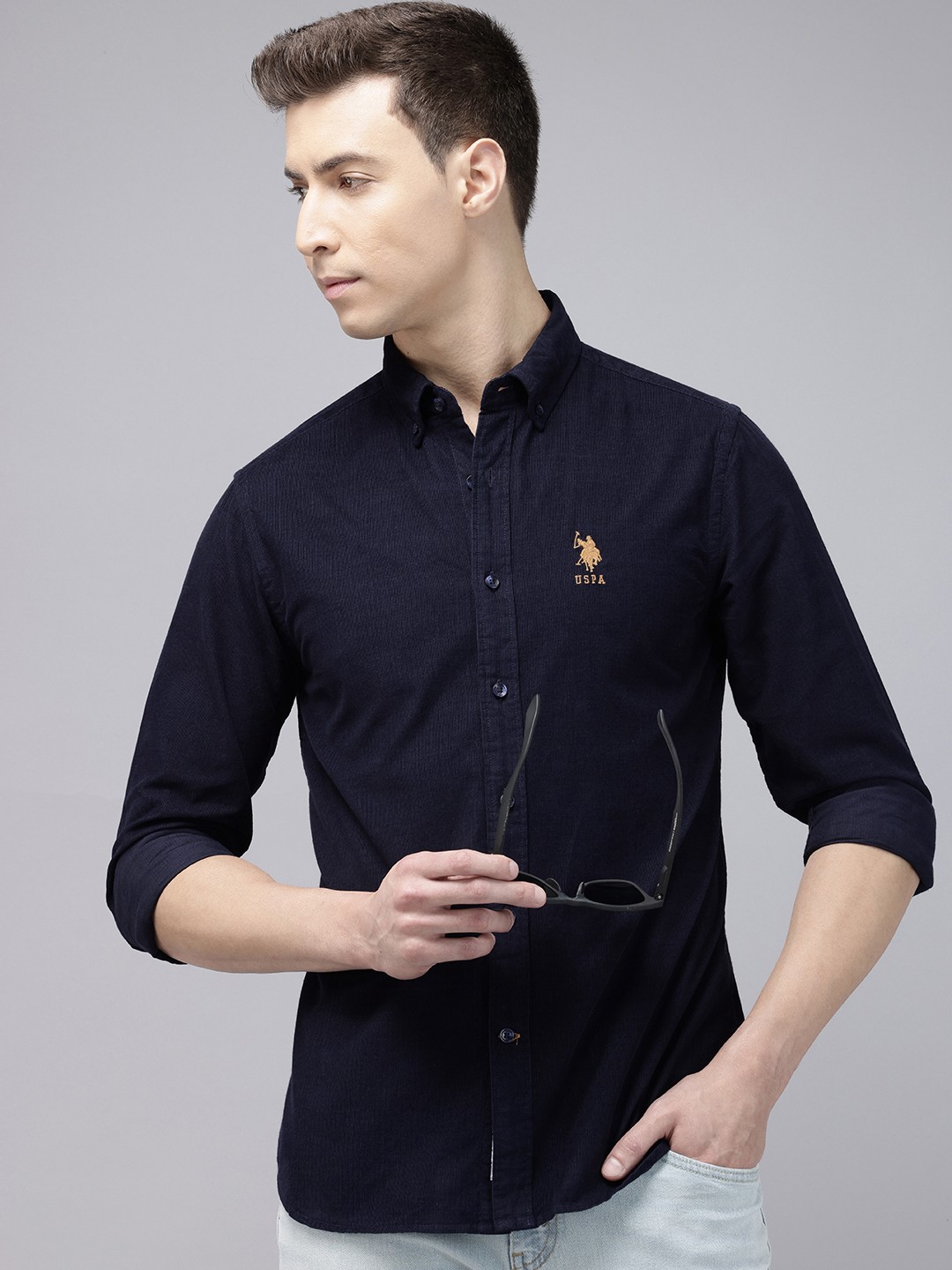 

U.S. Polo Assn. Pure Cotton Corduroy Tailored Fit Opaque Casual Shirt, Navy blue