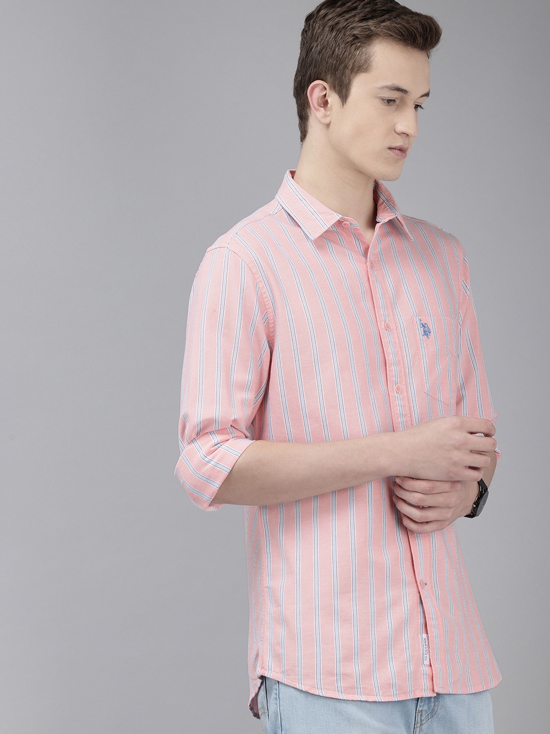 

U.S. Polo Assn. Tailored Fit Opaque Striped Pure Cotton Casual Shirt, Pink