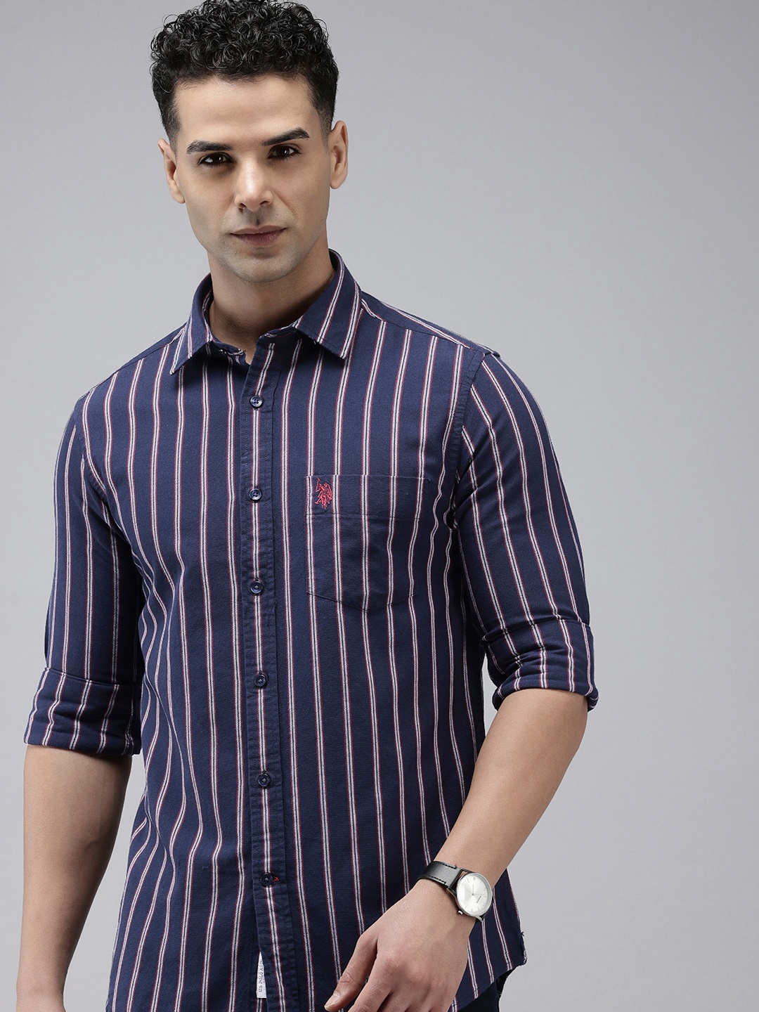 

U.S. Polo Assn. Tailored Fit Opaque Striped Pure Cotton Casual Shirt, Navy blue
