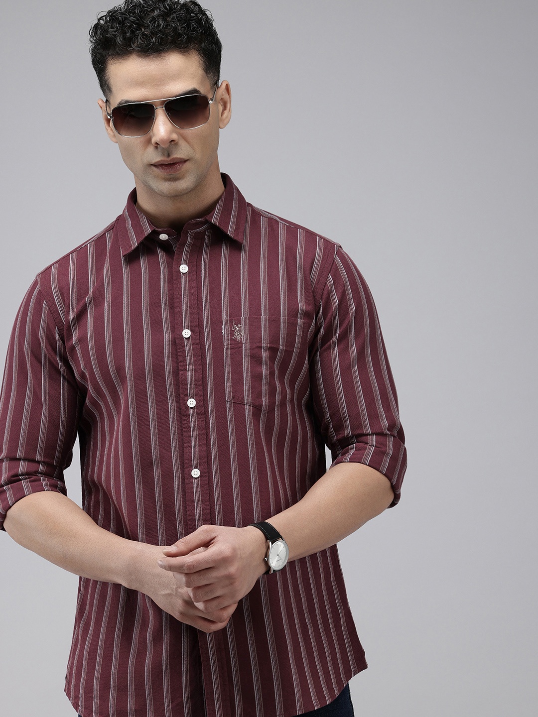 

U.S. Polo Assn. Pure Cotton Tailored Fit Striped Casual Shirt, Maroon