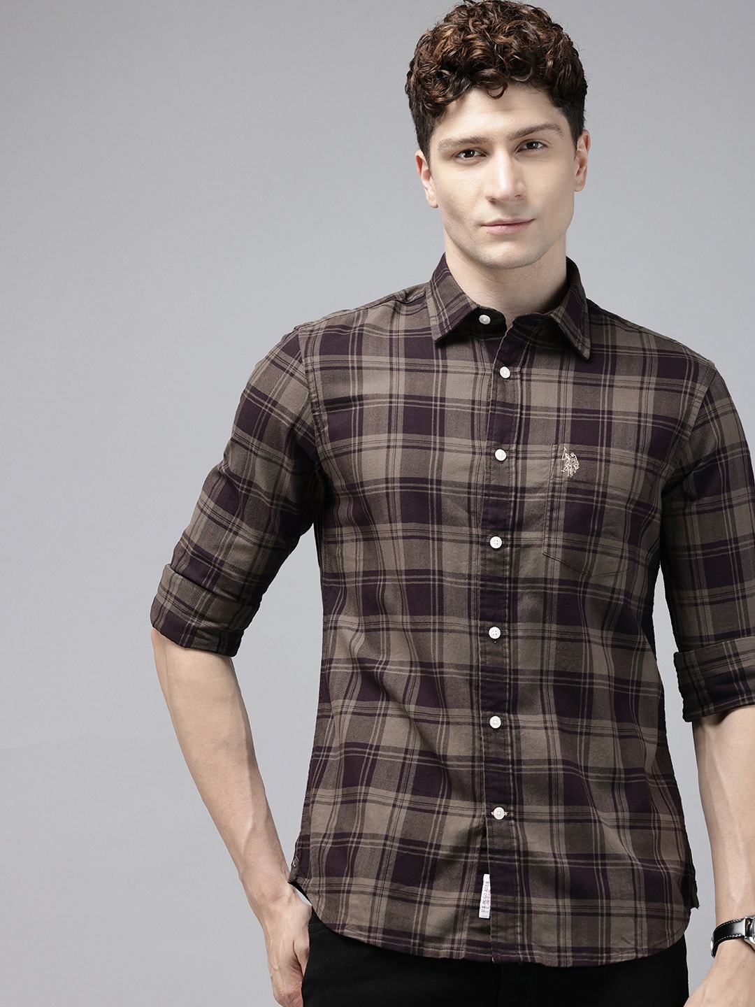 

U.S. Polo Assn. Tailored Fit Opaque Checked Pure Cotton Casual Shirt, Brown