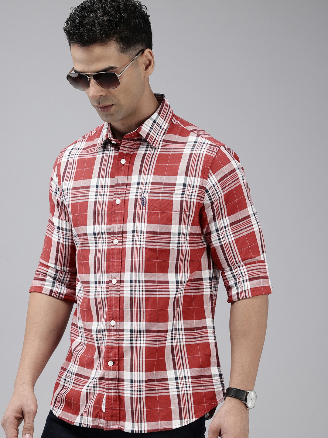 

U.S. Polo Assn. Tailored Fit Opaque Checked Pure Cotton Casual Shirt, Red