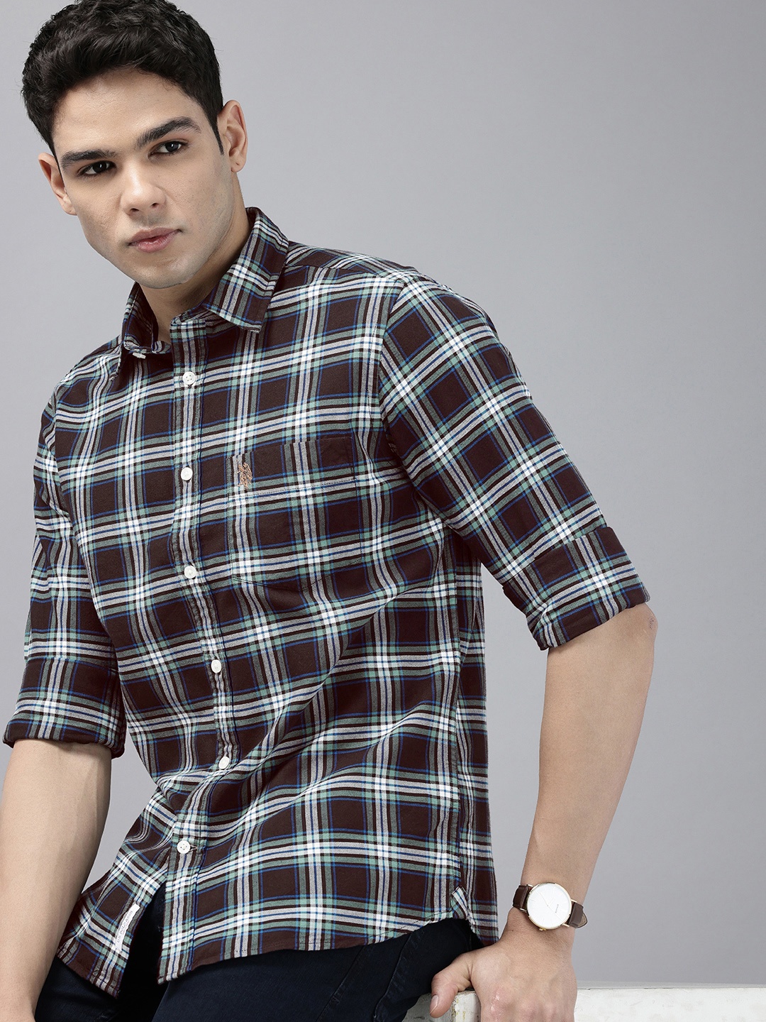 

U.S. Polo Assn. Tailored Fit Opaque Checked Pure Cotton Casual Shirt, Navy blue