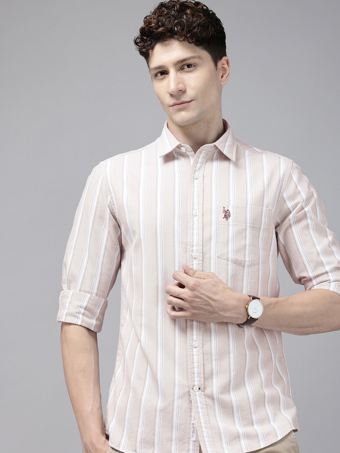 

U.S. Polo Assn. Pure Cotton Tailored Fit Striped Casual Shirt, Beige