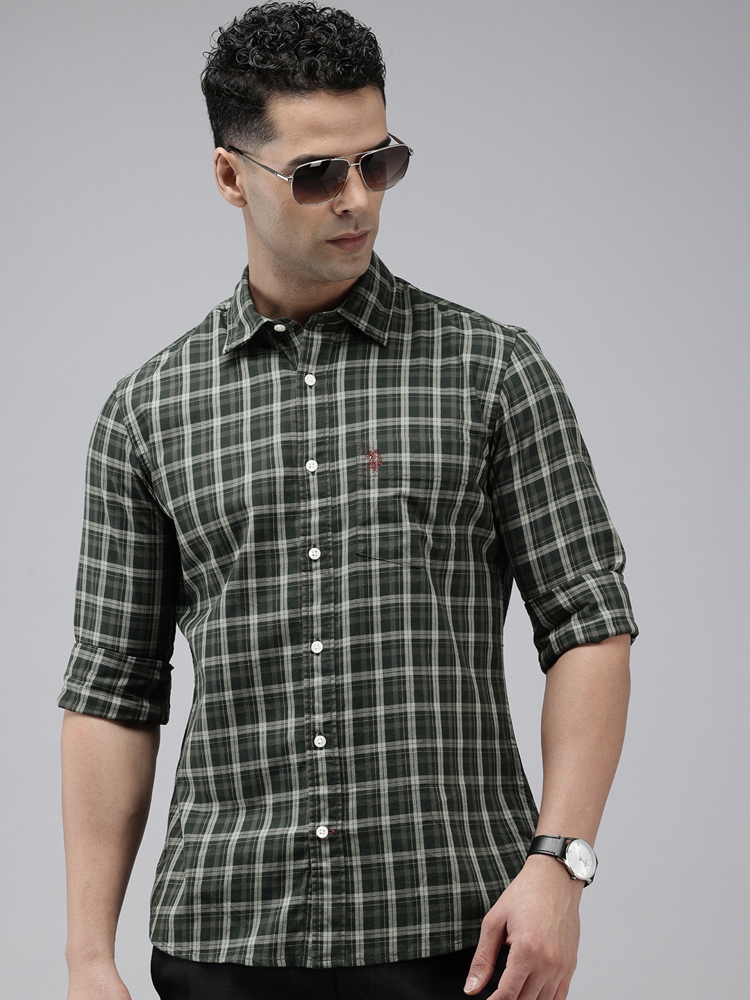 

U.S. Polo Assn. Pure Cotton Tailored Fit Opaque Checked Casual Shirt, Olive