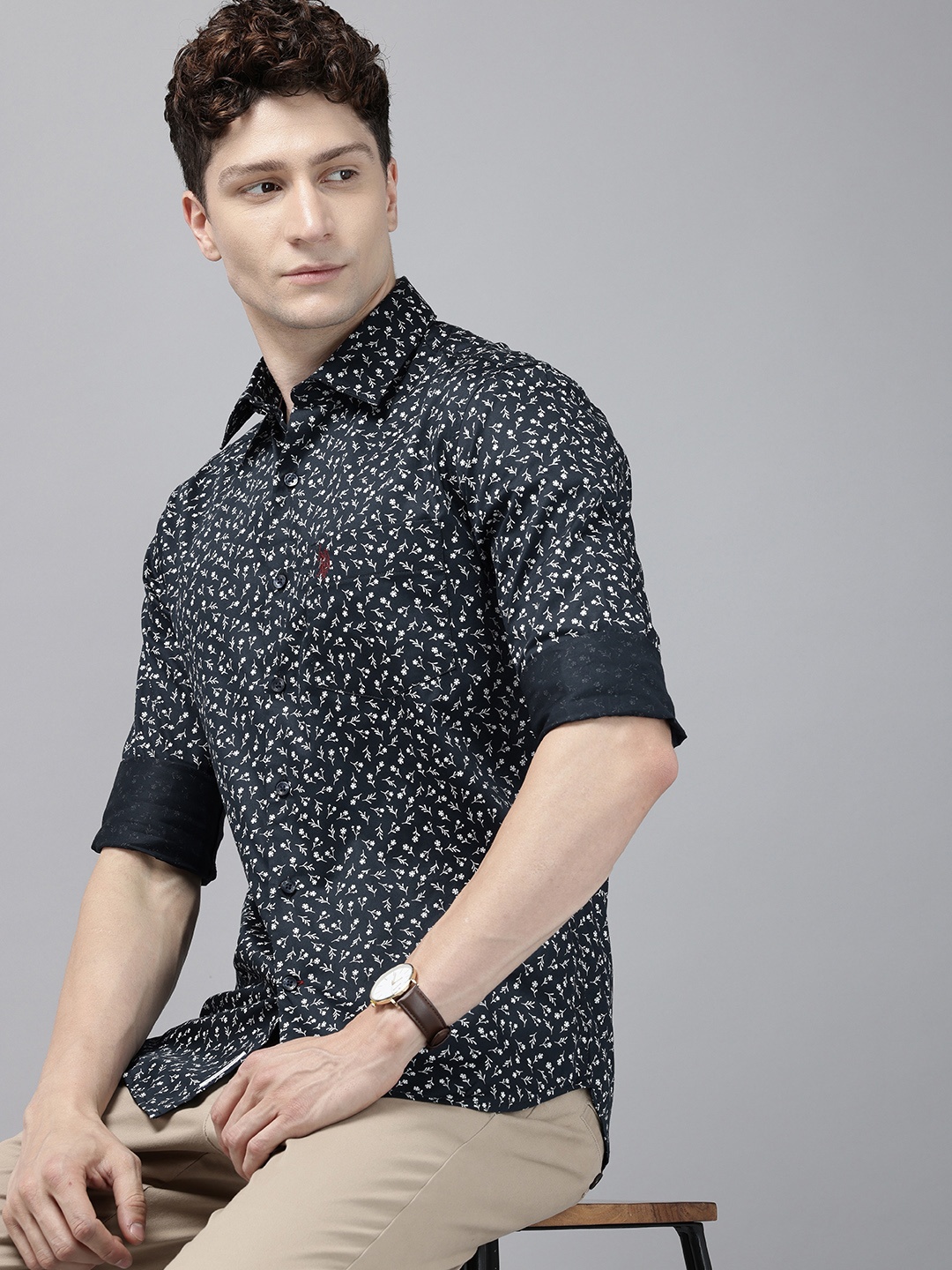 

U.S. Polo Assn. Pure Cotton Tailored Fit Floral Printed Casual Shirt, Navy blue