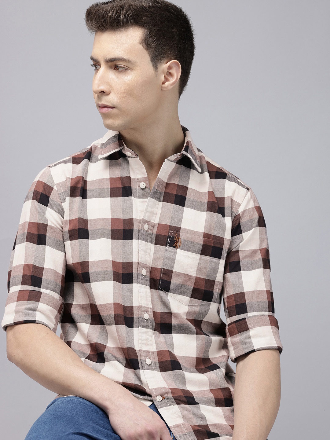 

U.S. Polo Assn. Tailored Fit Checked Pure Cotton Casual Shirt, Brown