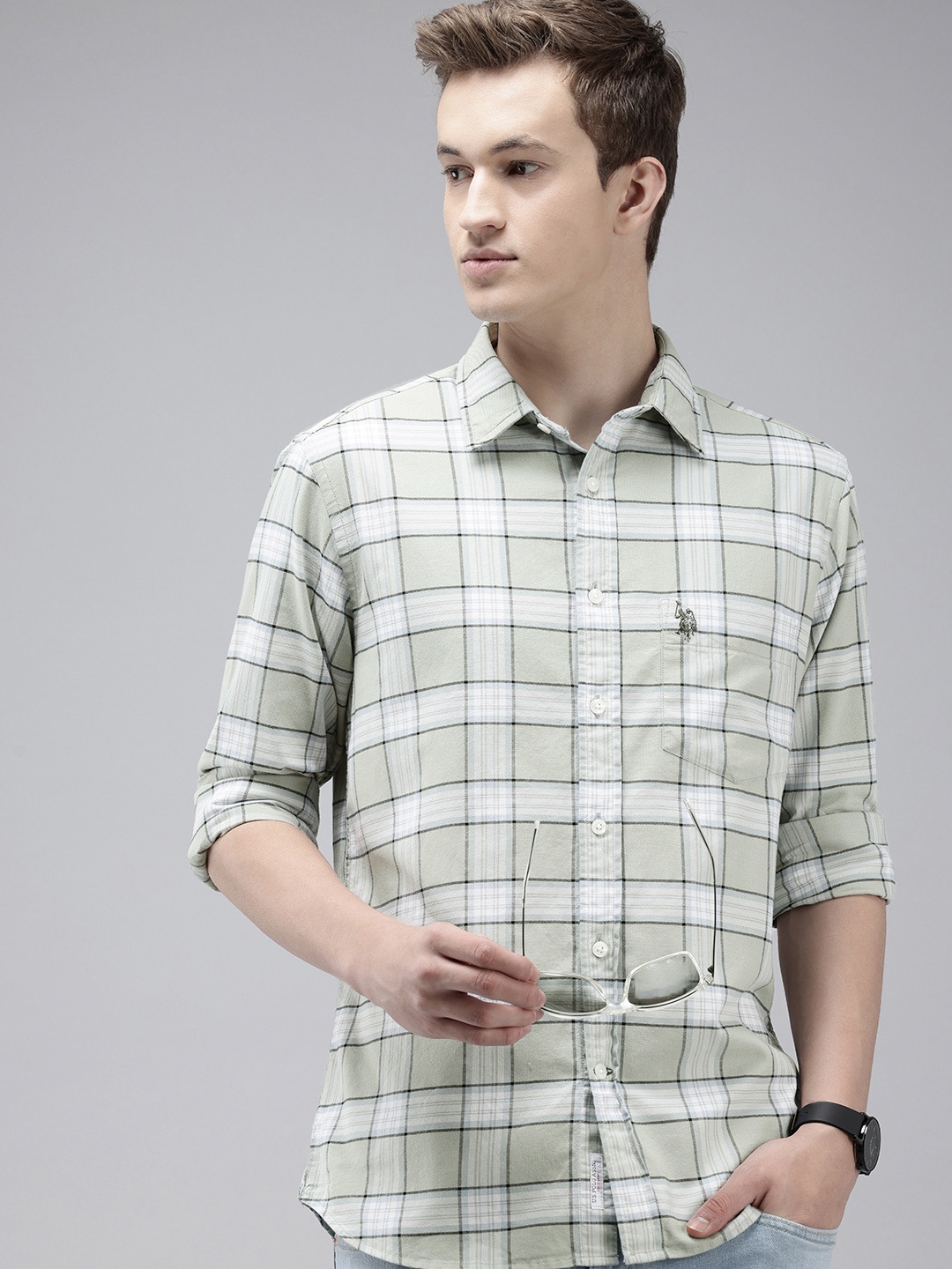 

U.S. Polo Assn. Tailored Fit Opaque Checked Pure Cotton Casual Shirt, Green