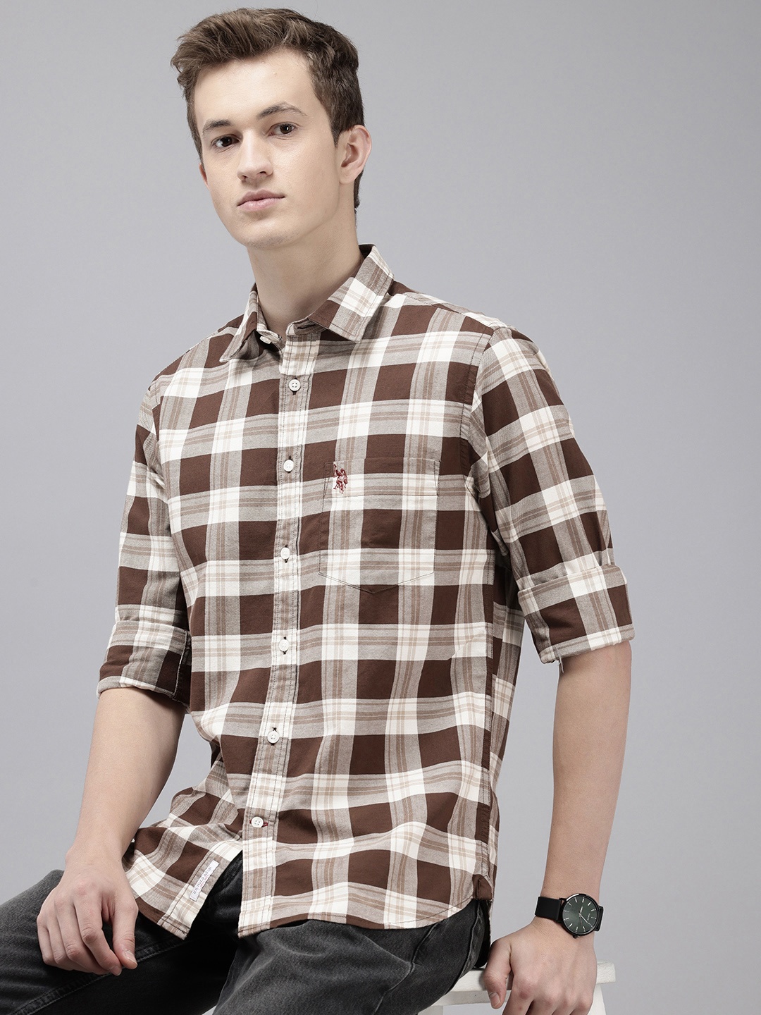 

U.S. Polo Assn. Pure Cotton Tailored Fit Tartan Checks Opaque Casual Shirt, Brown