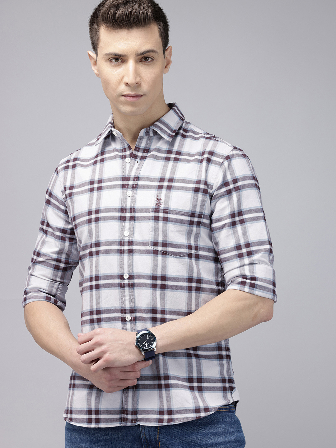 

U.S. Polo Assn. Tailored Fit Checked Pure Cotton Casual Shirt, Grey