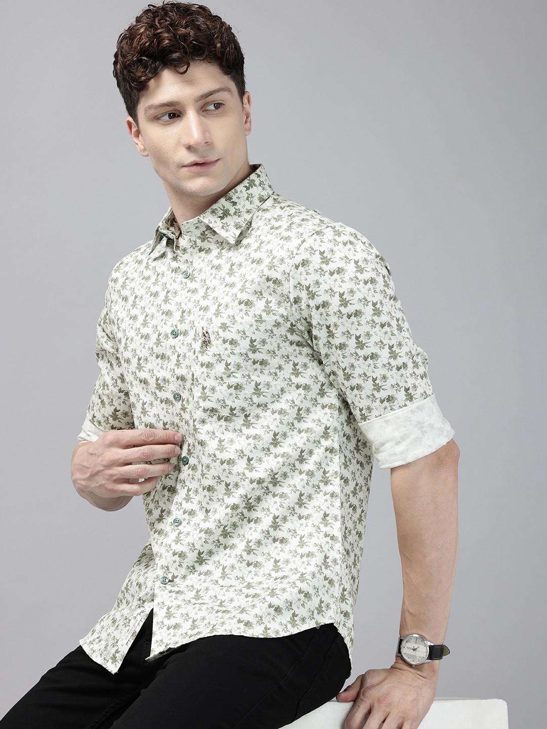

U.S. Polo Assn. Tailored Fit Floral Printed Pure Cotton Casual Shirt, White