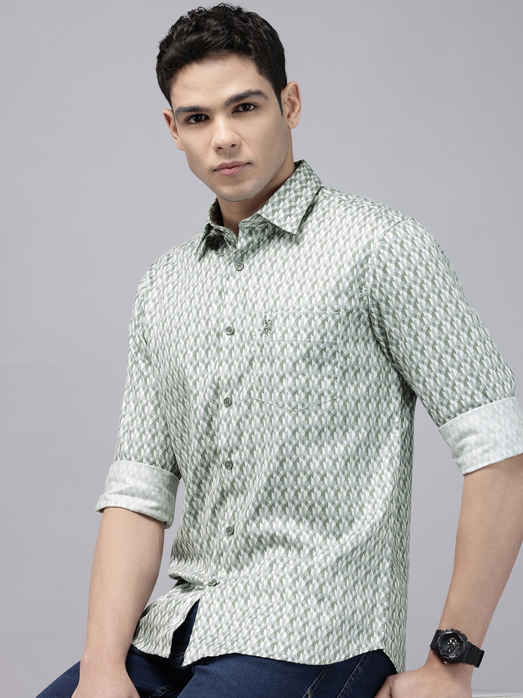 

U.S. Polo Assn. Pure Cotton Tailored Fit Opaque Printed Casual Shirt, Green